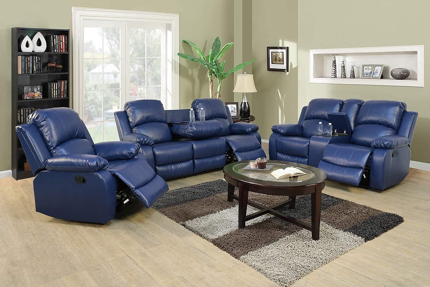 3 PCS Faux Leather Recliner Couch Set, Living Room Set, Sofa, Loveseat, Chair (Blue)
