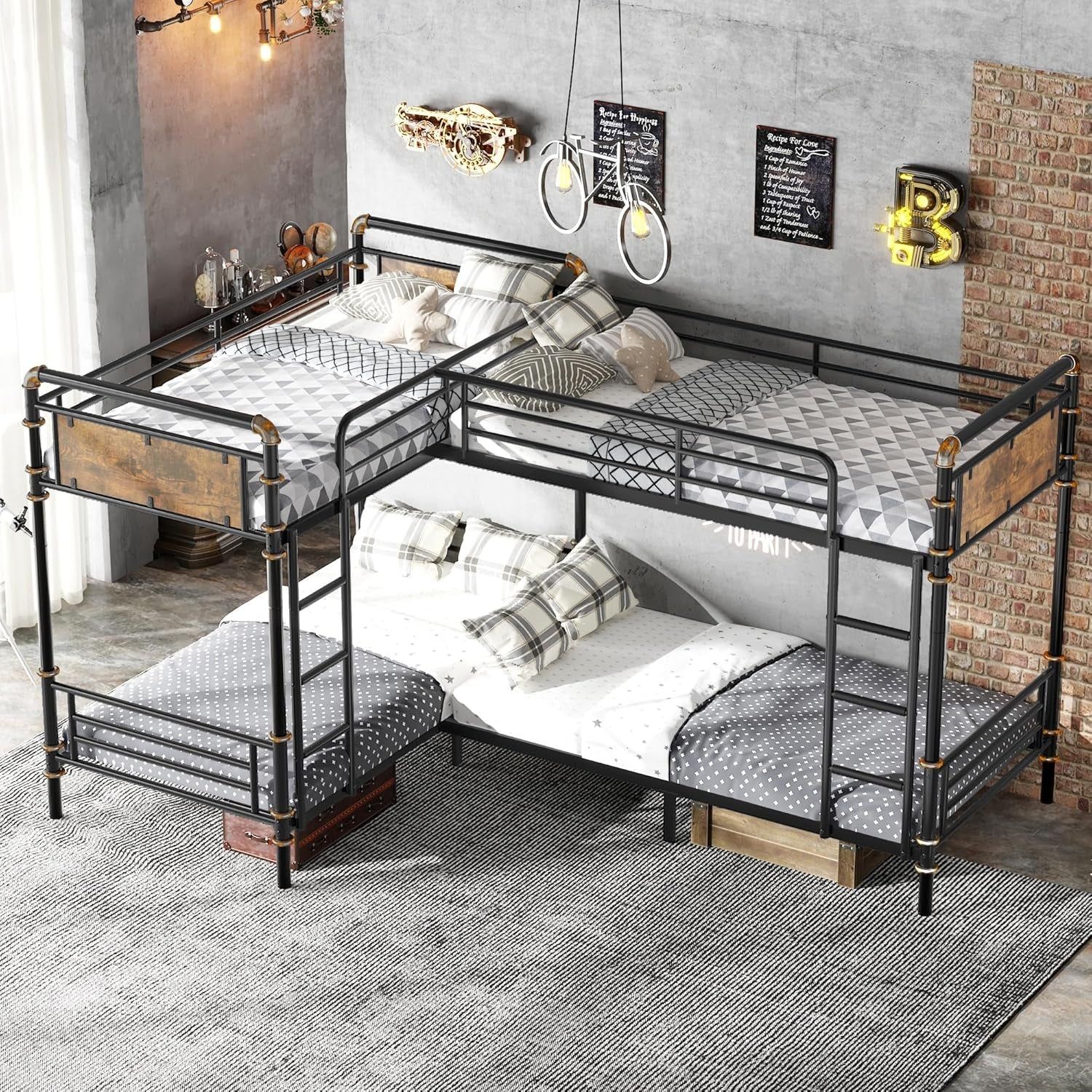 Quad Bunk Bed, Heavy Duty Metal 4 Bunk Beds for Kids with Ladders, Detachable Industrial L-Shaped Bunk Beds, Space Saving Design,Can Be Divided into 3 Twin Beds, Black