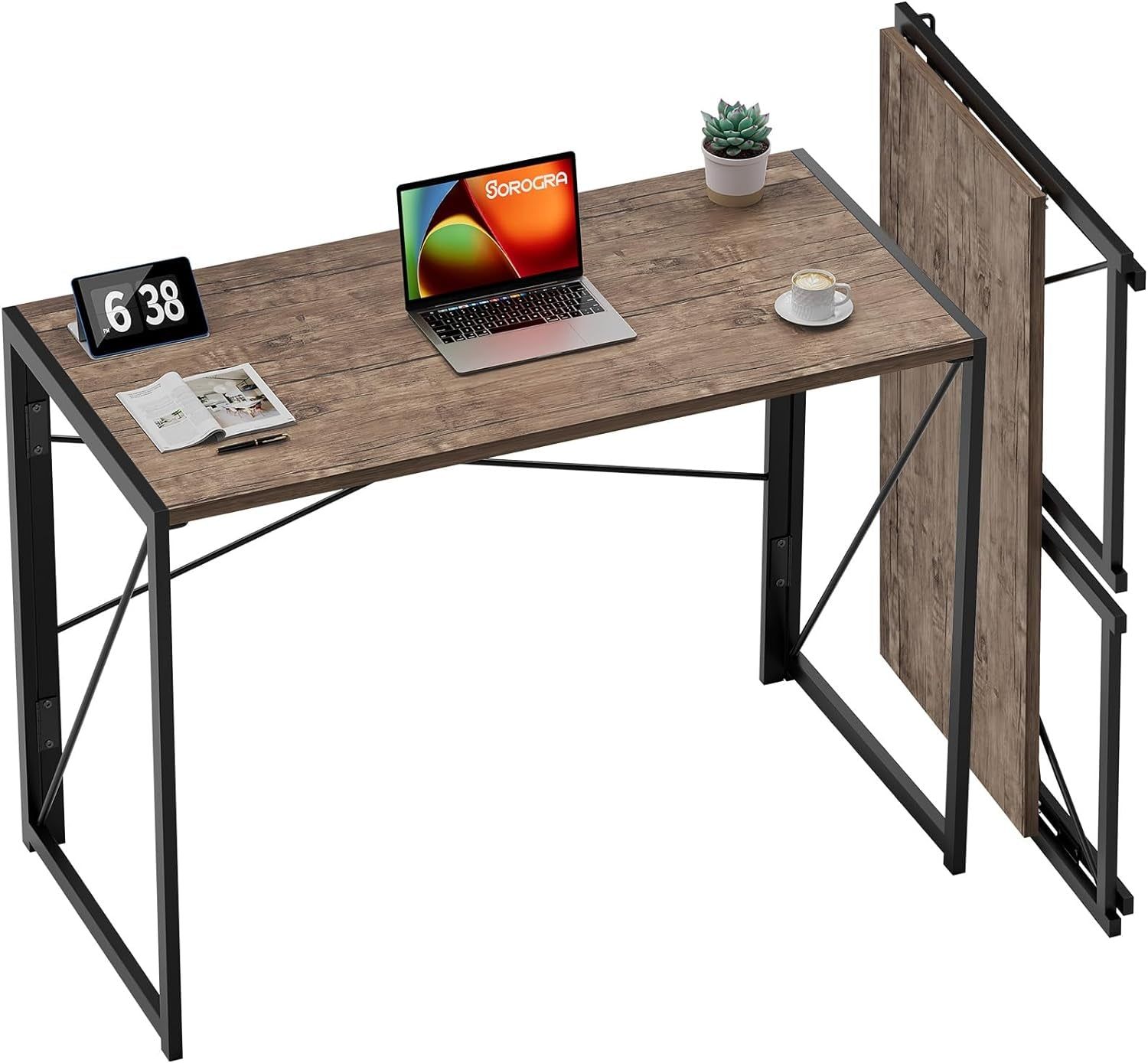 Folding Desk No Assembly Required, 39.4 Inch Writing Computer Desk Space Saving Foldable Table Simple Home Office Desk,Brown