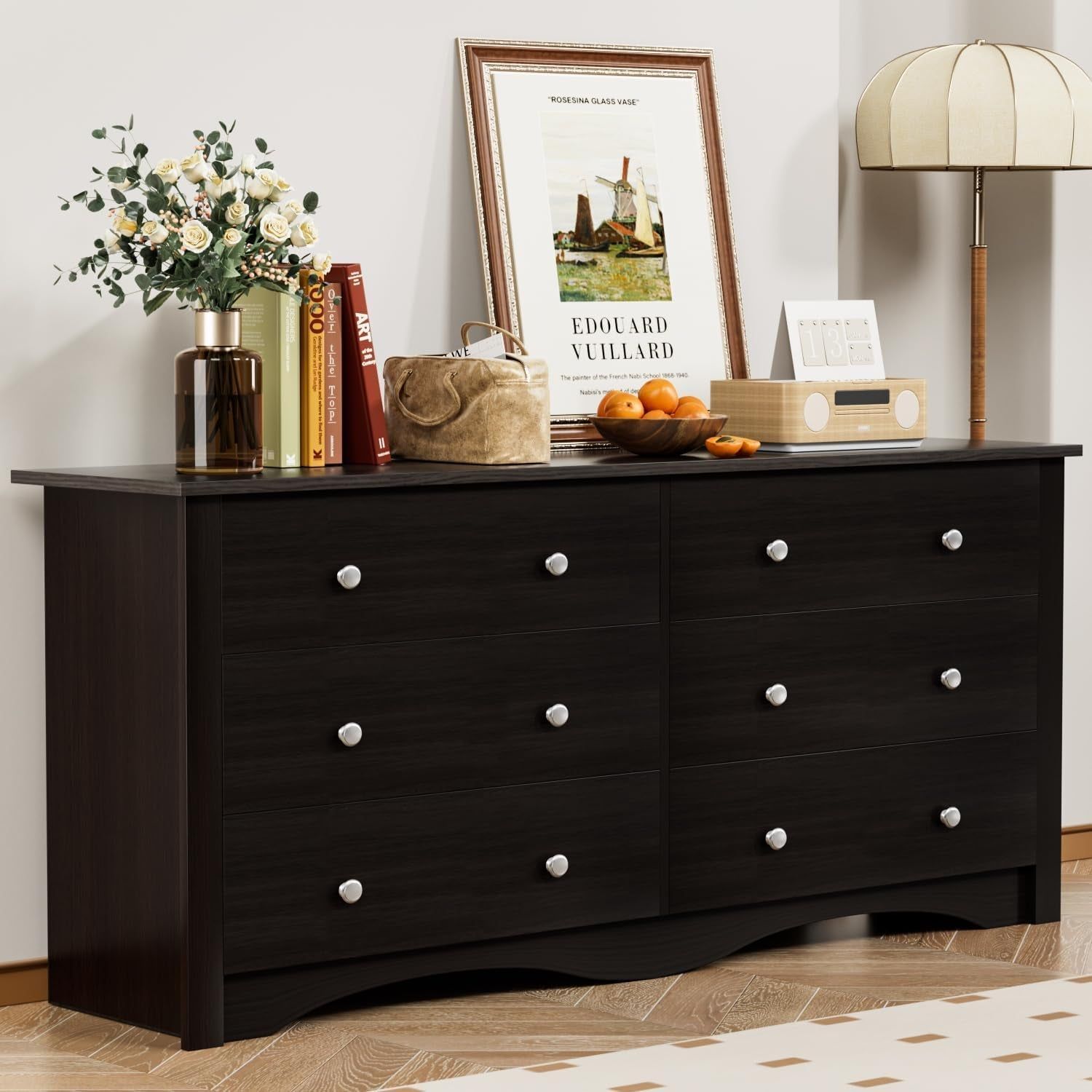 Dresser with 6 Drawer, Wood Wide Chest Storage Organizer and TV Stand for Living Room, Hallway, Dormitory, Brown