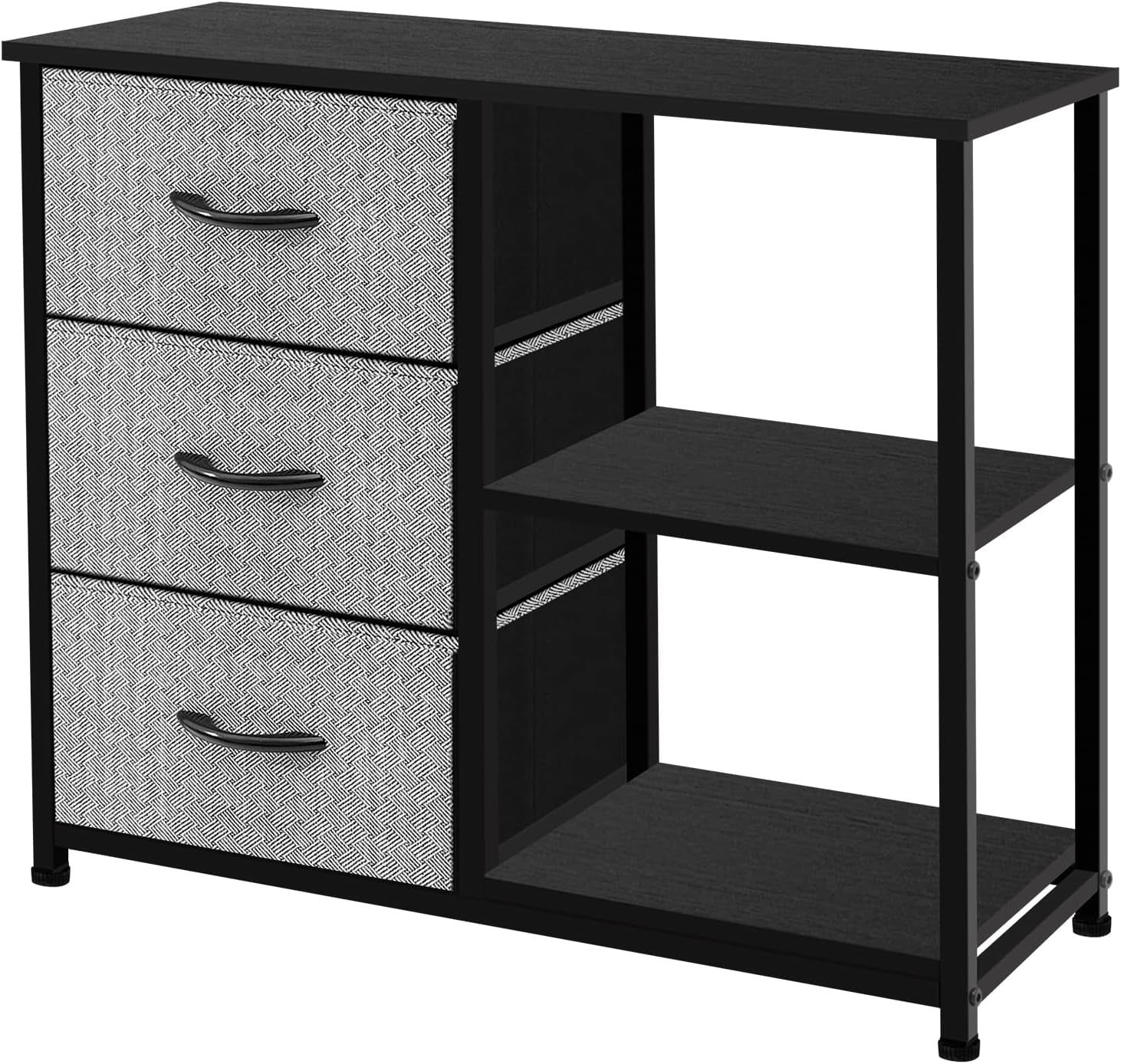 Rustic Brown Fabric Dresser, 4 Drawer Organizer Unit with 2 Shelves, Storage Chest for Bedroom, Entryway, Hallway, Living Room, Office, Grey with Black