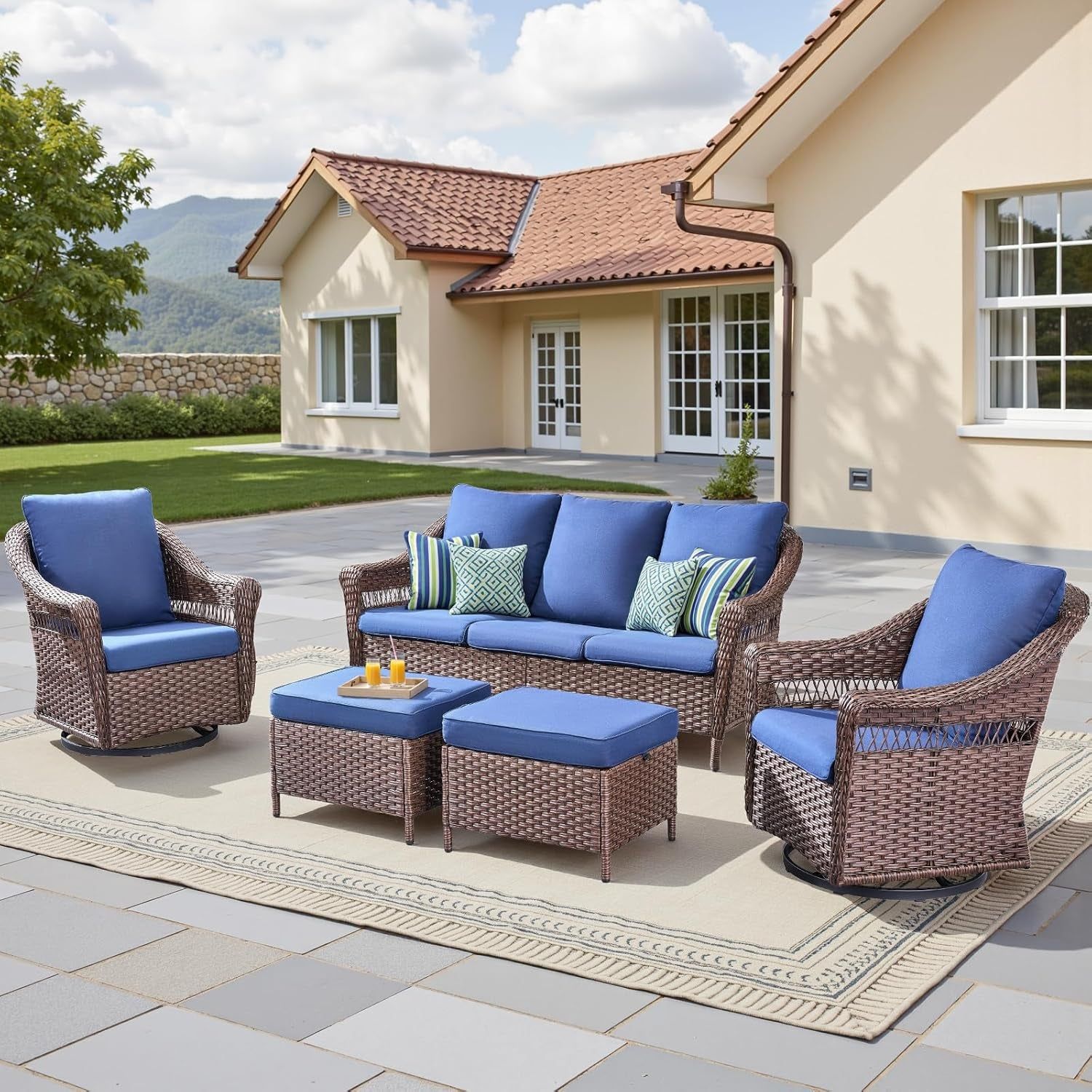 Patio Furniture Set, 5 Pieces Outdoor Conversation Set, All Weather Wicker Patio Furniture W/ Swivel Glider Rocking Chair, Ottoman, 3-Seat Couch &amp; Comfy Cushions for Backyard, Deck, Poolside, Porch
