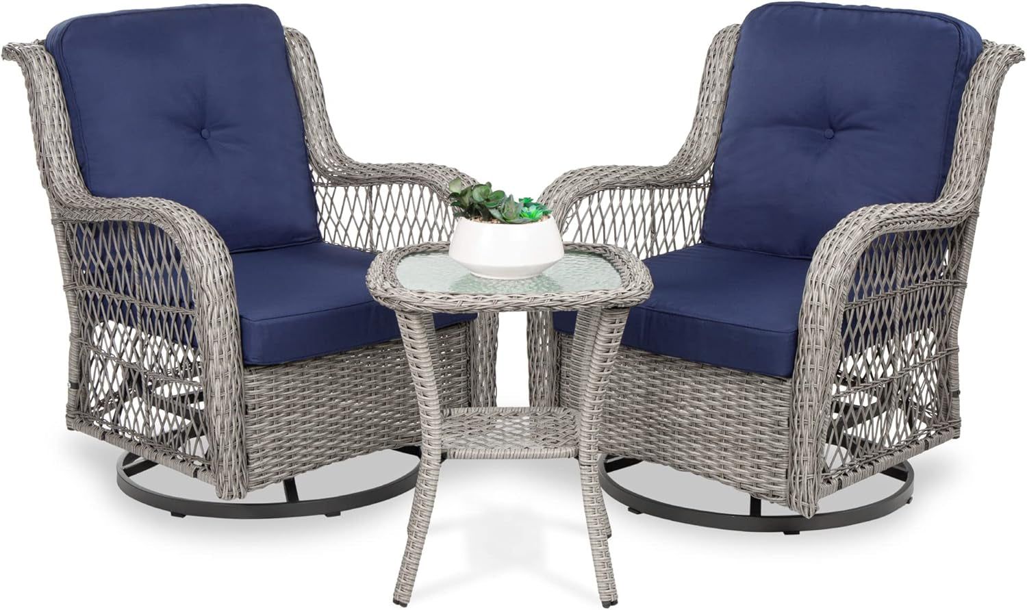 3-Piece Outdoor Wicker Patio Bistro Set W/ 2 360-Degree Swivel Rocking Chairs and Tempered Glass Top Side Table - Navy
