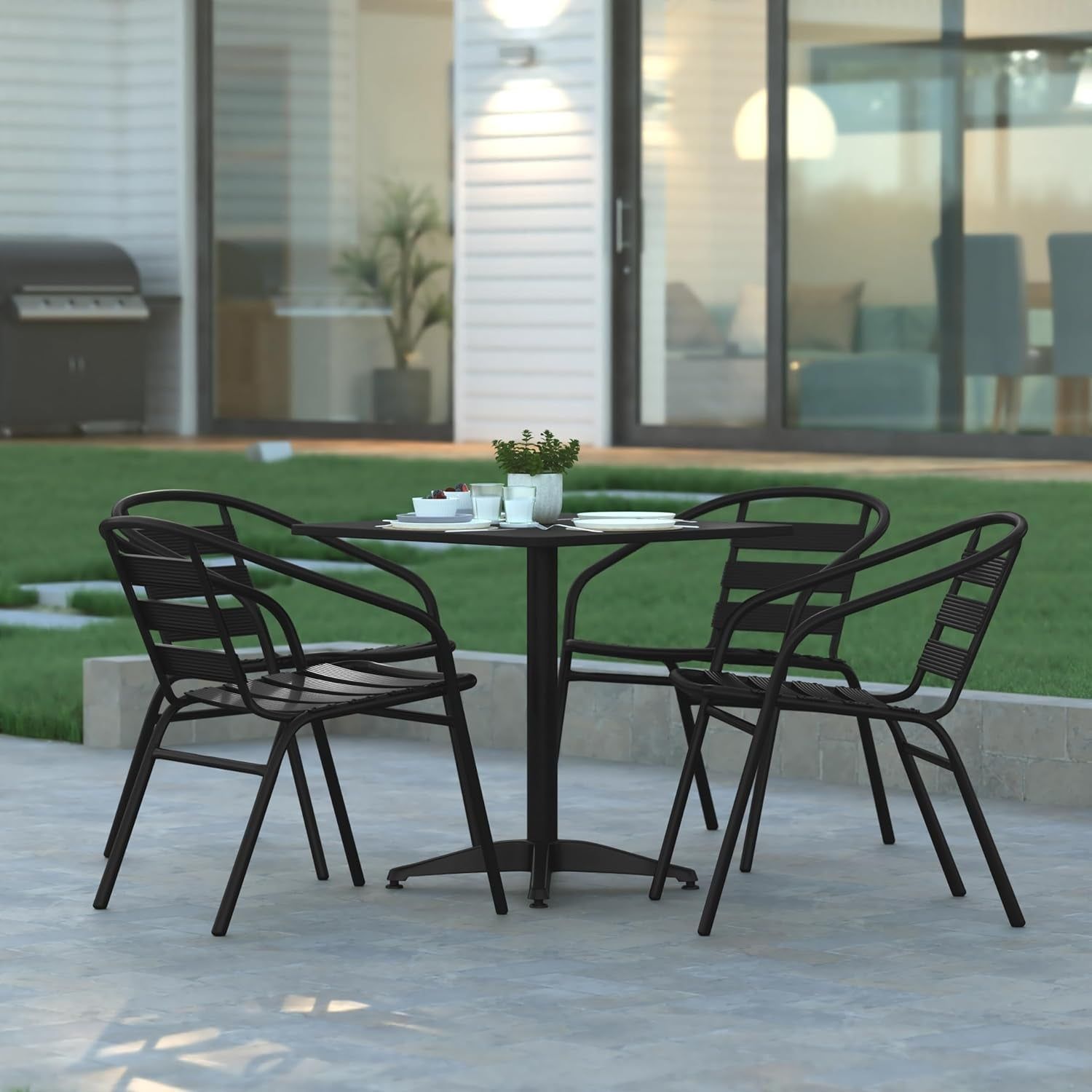 Rhea 27.5&quot; Square Glass Metal Table with 4 Slat Back Chairs - Black - 5 Piece Patio Set - All-Weather for Indoor/Outdoor Use
