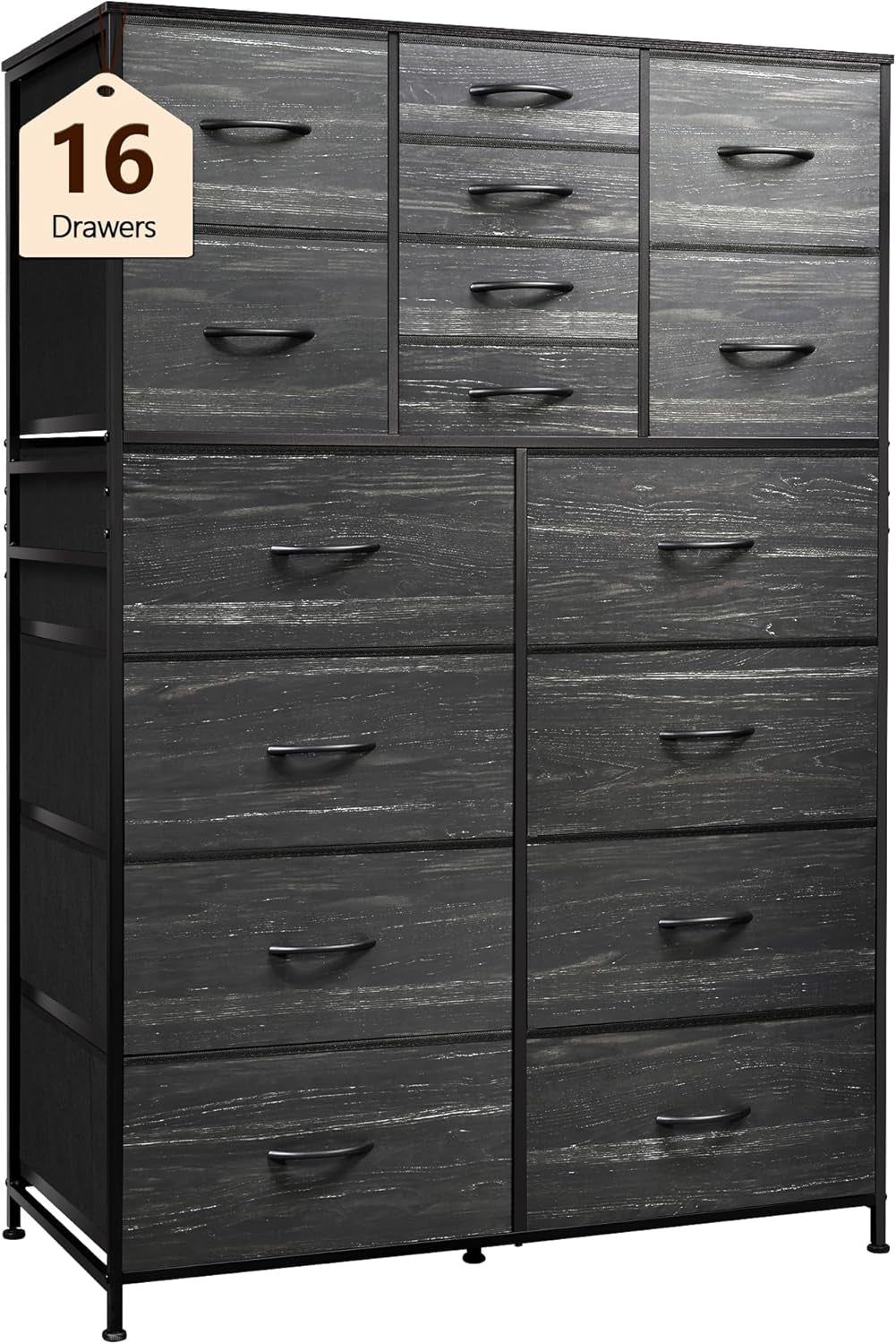 16 Drawers Dresser, Tall Dresser for Bedroom, Closet, Hallway, Storage Dresser Organizer Unit, Large Dressers &amp; Chests of Drawers with Fabric Bins, Charcoal Black Wood Grain Print