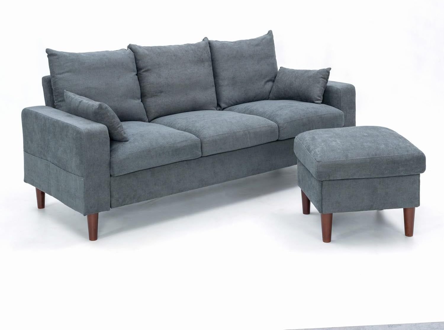 Fabric Corner Sofa Living Room Suite, 3 Seater with Ottoman Footstool, 3 Seater L Shape Sofa Set, Grey
