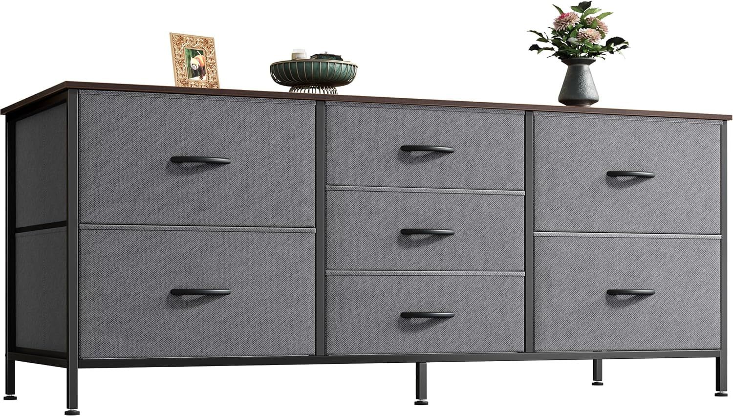 Dresser with 7 Fabric Drawers, 47 Inch Dresser TV Stand for 43, 50, 55 Inch TV, Wide Dresser Chest of Drawers, Metal Frame, Storage Dresser for Bedroom, Nursery, Clothing, Dark Grey