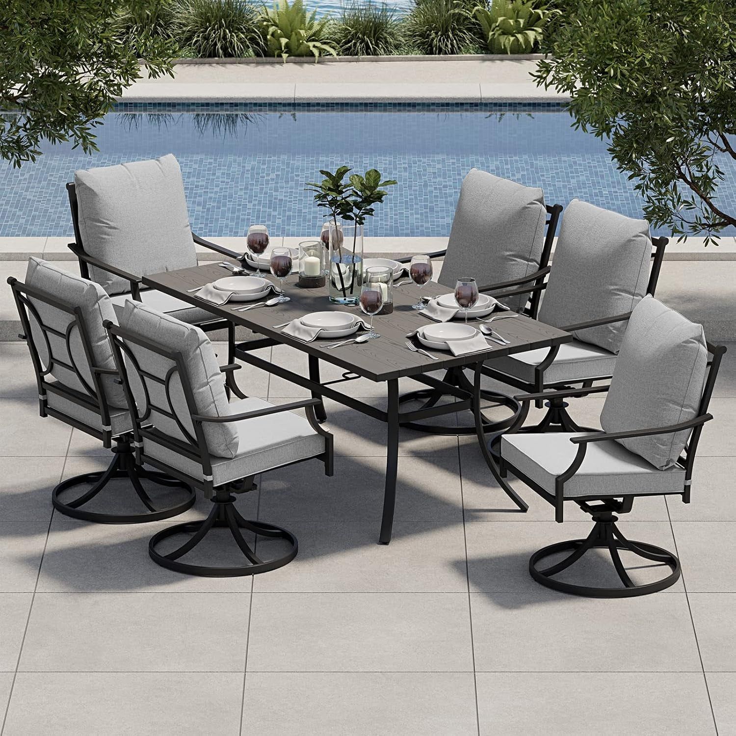 7-Piece Patio Dining Set for 6, E-Coated Outdoor Dining Set Swivel Patio Dining Chairs with Olefin Cushions &amp; 1 Black Rectangular Faux Woodgrain Dining Table with 1.5”Market Umbrella Hole