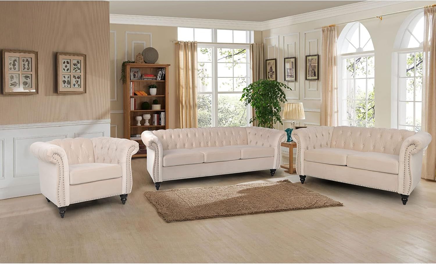 3 Pieces of Living Room Furniture Sofa Sets, Modern Velvet Chesterfield Sofa&amp;Chesterfield Club Chair&amp;Chesterfield Loveseat Sofas Set with Nailhead Trims Scroll Arms for Living Room (Beige)