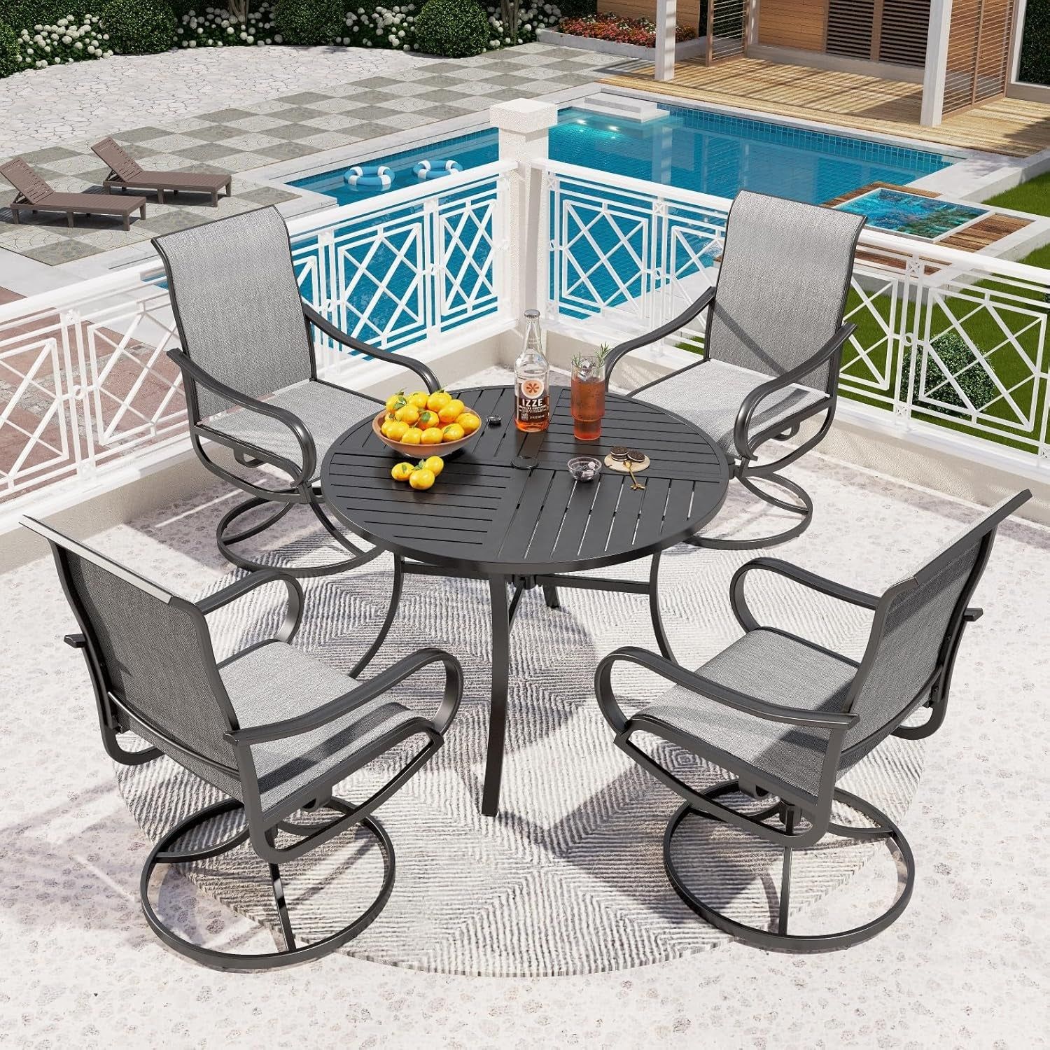 5 Piece Outdoor Patio Dining Set with 4 Swivel Dining Chairs &amp; 1 Large round Dining Table, Gray Textilene Mesh Fabric Chair and round Metal Table for All Weather Deck Lawn Garden