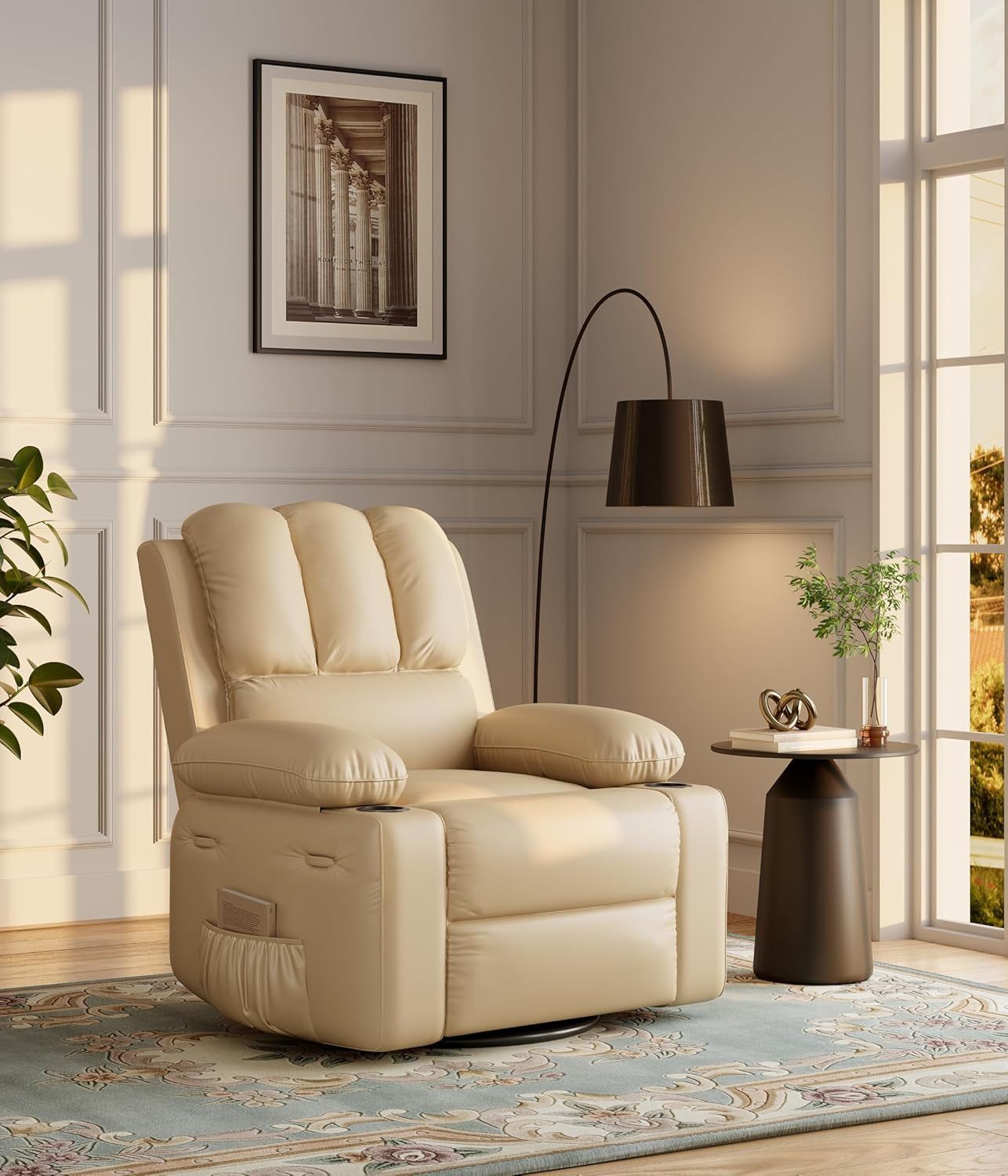 22&#39;&#39; Rocker Swivel Recliner Chair, Lazy Recliner for Adults, with 1.5X Sponge Filling, Side Pocket, and Cup Holder, for Living Room, Bedroom, and Nursery, Creamy