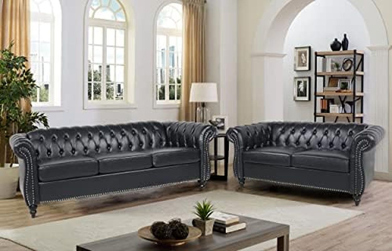 Modern 2 Pieces Living Room Sofa Set, Contemporary Tufted Button Faux Leather Three-Seater Couch and Chesterfield Loveseat with Nailhead Trim Scroll Arms for Home Furniture (Black)
