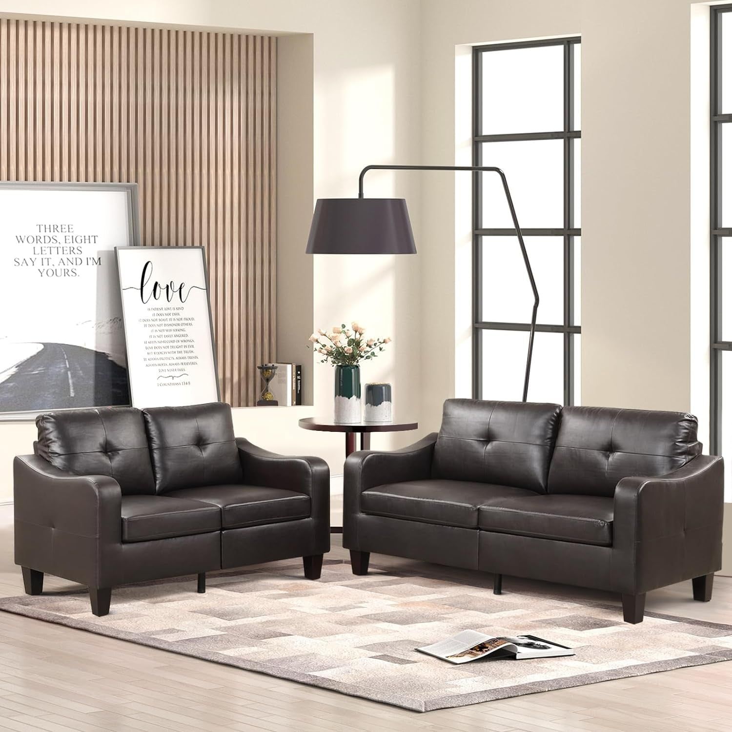 2 Piece Living Room Sofa Set, Wood Frame and Sturdy Legs, Modern Upholstered Sofa Sets with 3-Seat Couch and Faux Leather Loveseat Sofa for Living Room and Bedroom, Dark Brown
