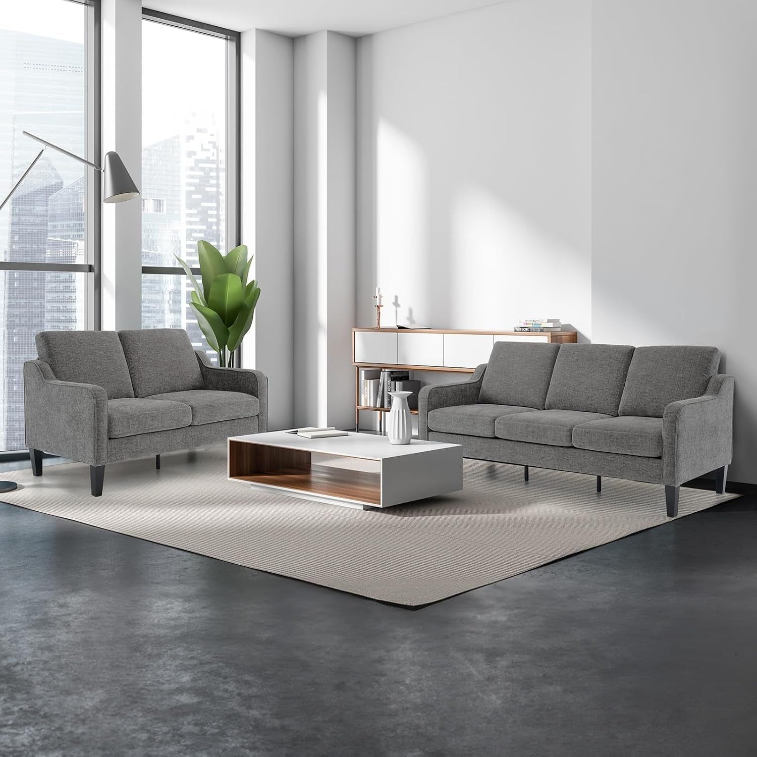 Loveseat Sofa Set for Living Room, Mid-Century Modern Couch and Love Seat Set,53&quot; Loveseat+71&quot; Small Couch for Bedroom Sofa Furniture for Small Spaces Apartment (Light Grey)