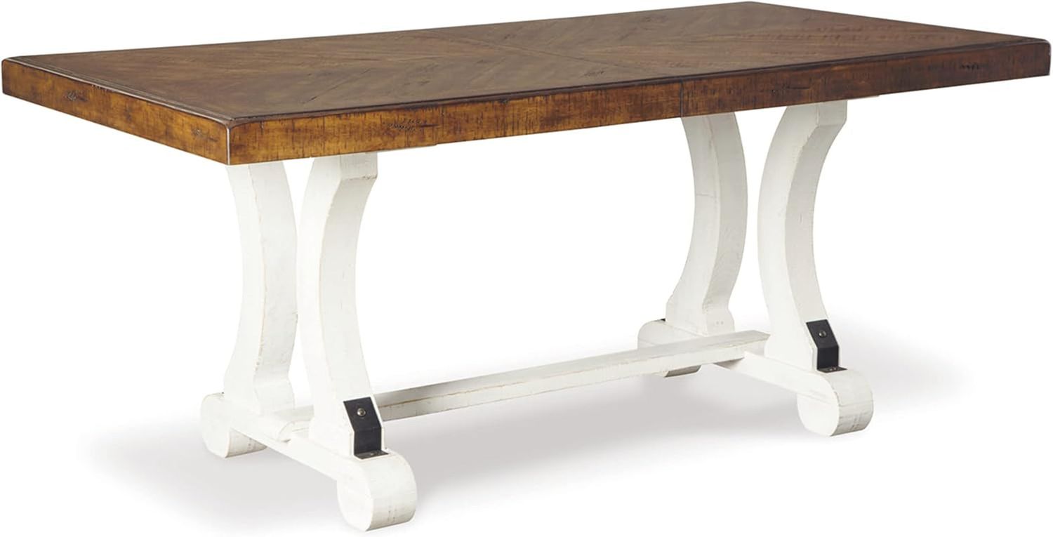 Valebeck Farmhouse Rectangular Extension Dining Table, Fits up to 8, White &amp; Brown