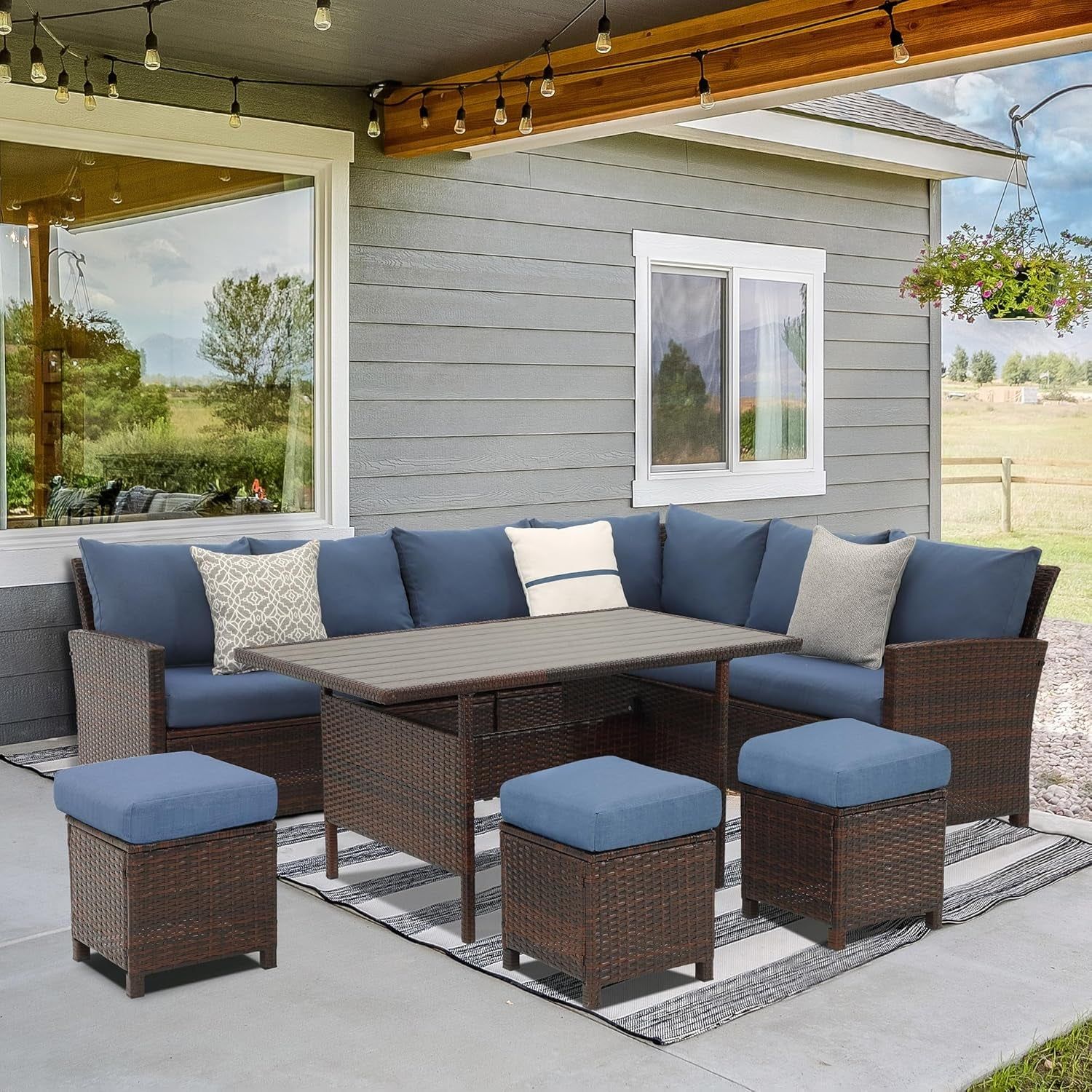 7 Pieces Patio Furniture Set Outdoor Furniture Sectional, High Back Outdoor Patio Dining Table Set, Wicker Patio Conversation Set with Cushions for Balcony Lawn and Garden, Blue