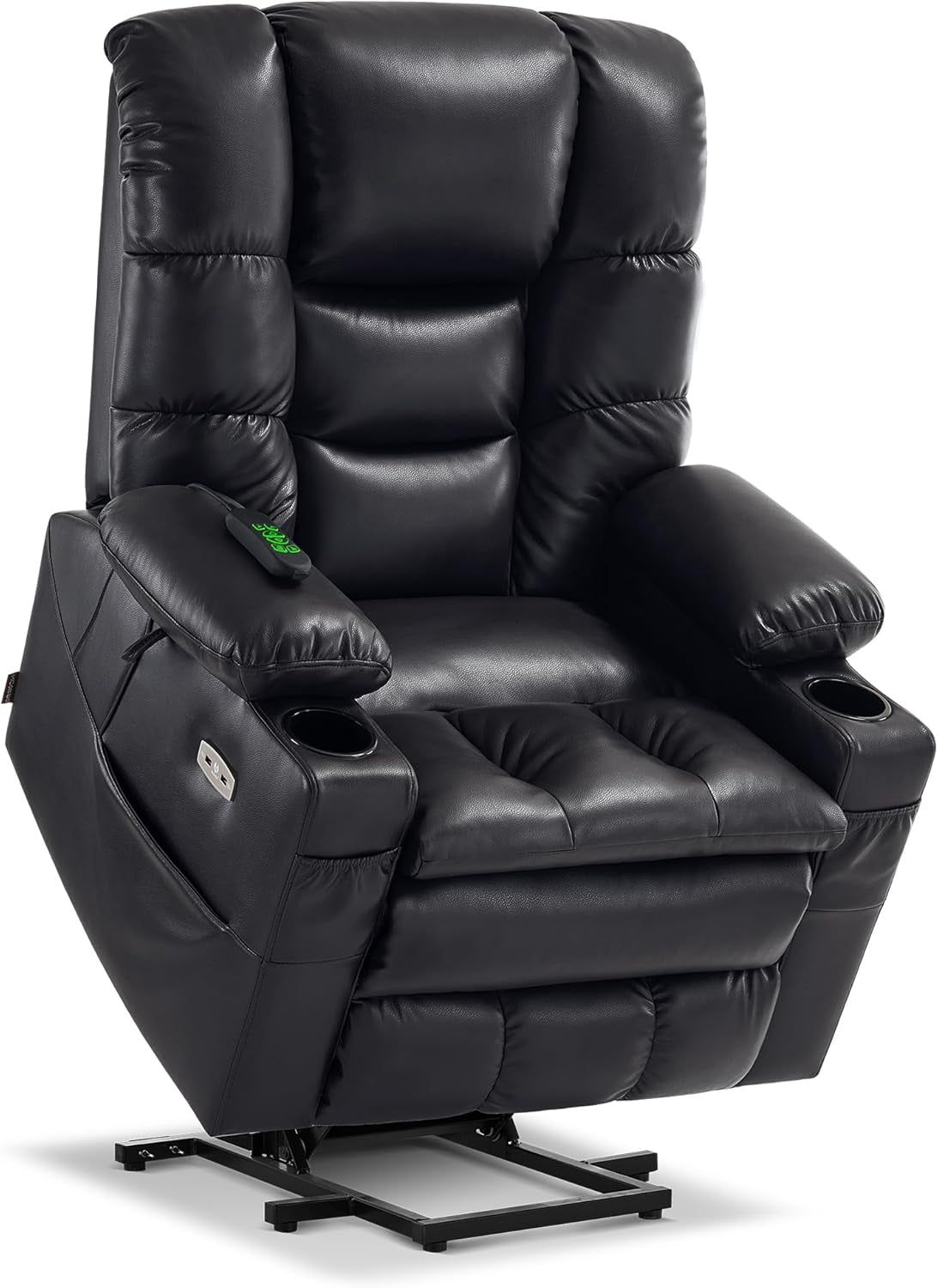 Dual Motor Power Lift Recliner Chair with Massage and Dual Heating, Adjustable Headrest for Big and Tall Elderly People, Faux Leather 7634 (Black, Large-Regular)