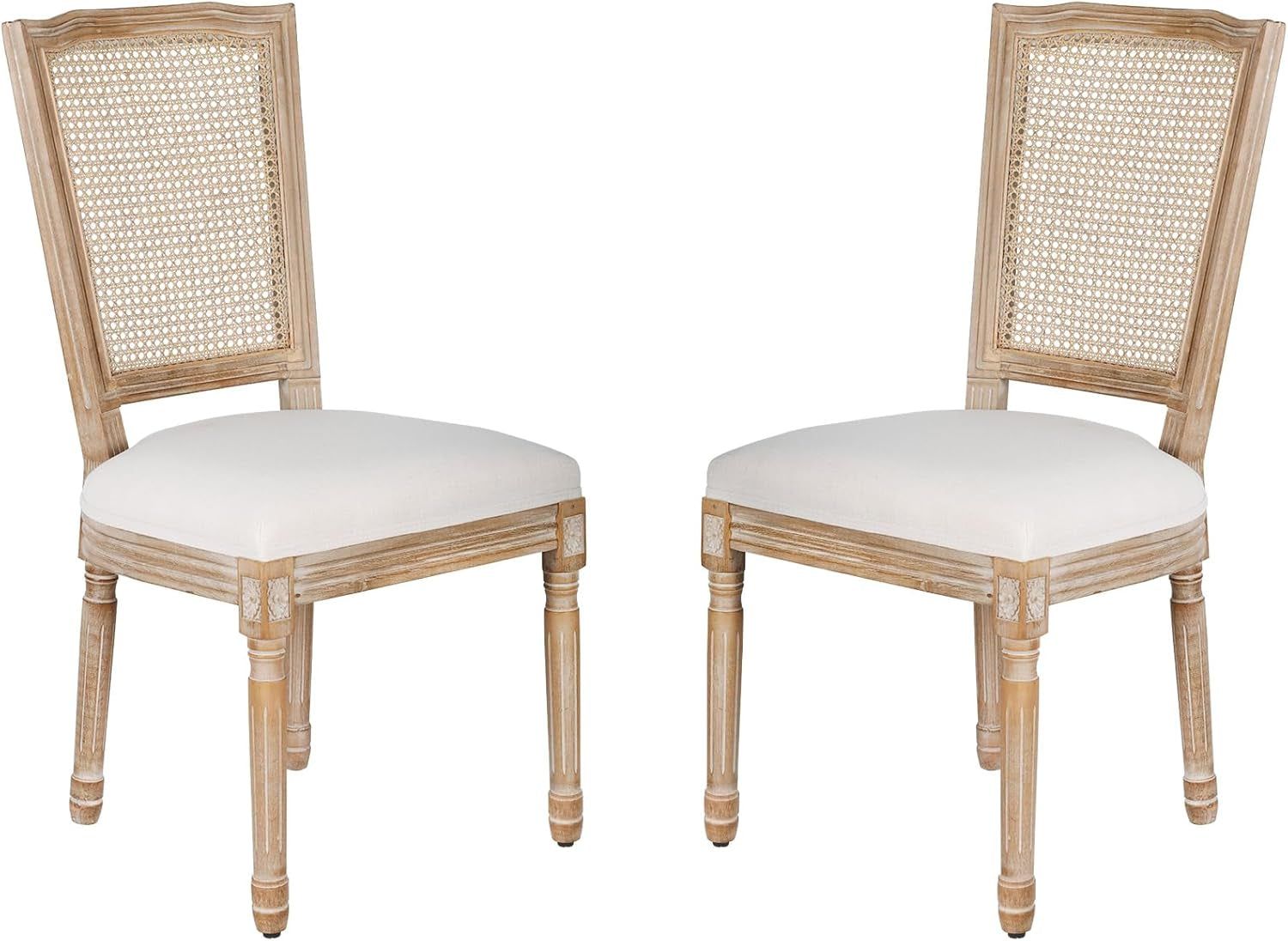 Dining Chairs Set of 2 Beige Rattan Square Back with Solid Wood Legs and Frame for French Country Kitchen Dining Room
