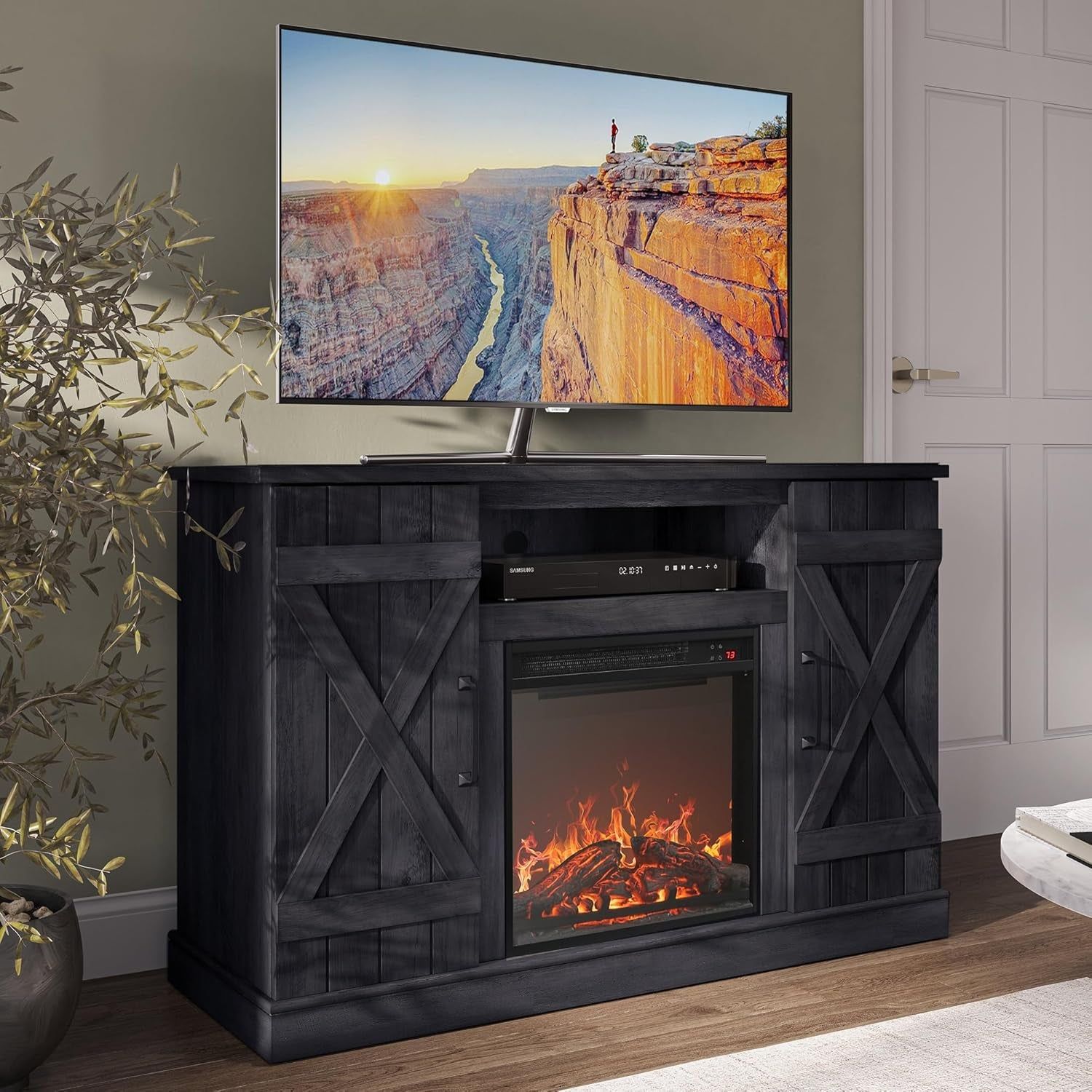 47&quot; TV Stand with 18&quot; Electric Fireplace Heater &amp; Media Entertainment Center Console Table for TV up to 50&quot; with Open Storage Shelves &amp; Cabinets - Veropeso (Rustic Grey)