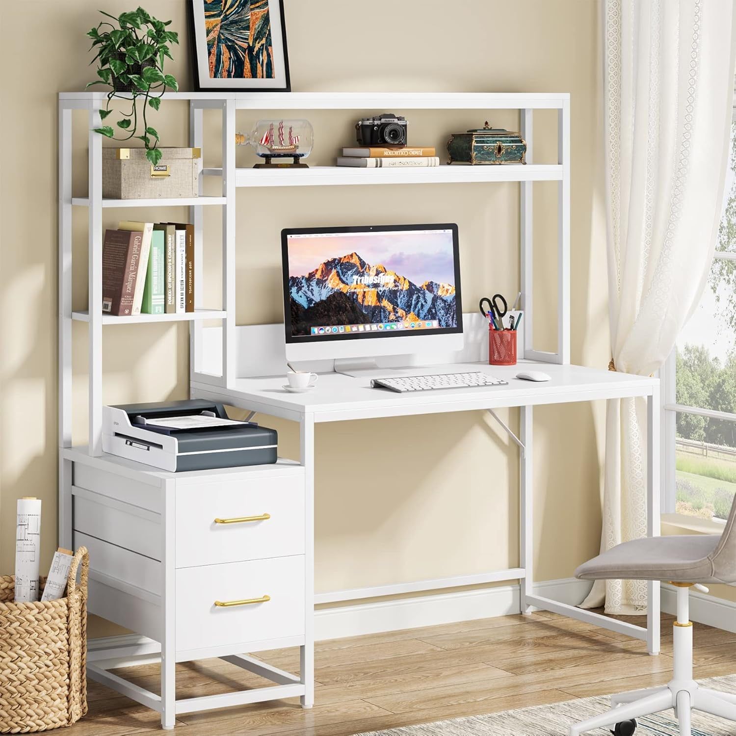 55 Inch Computer Desk with 2 Drawers and Storage Shelves, Rustic Office Desk with Hutch, Study Writing Gaming Table Laptop Workstation for Home Office (White)