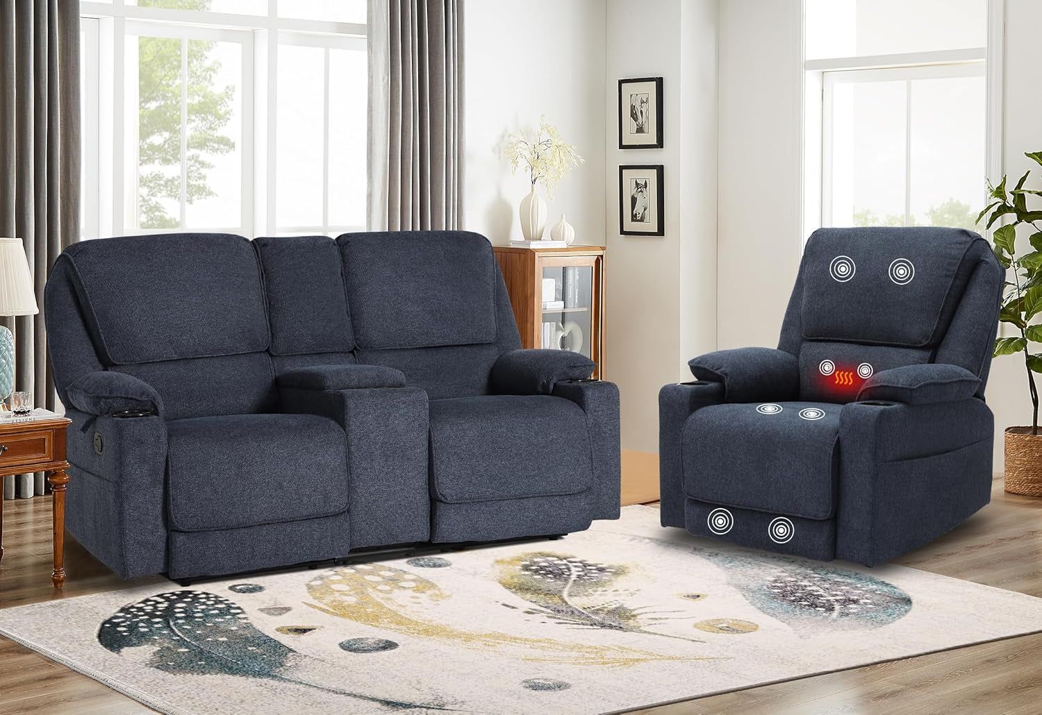 Reclining Living Room Set, 2-Piece Recliner Furniture Sofa, Loveseat Recliner and Swivel Recliner Chair with Cup Houlders for Living Room,Navy Blue