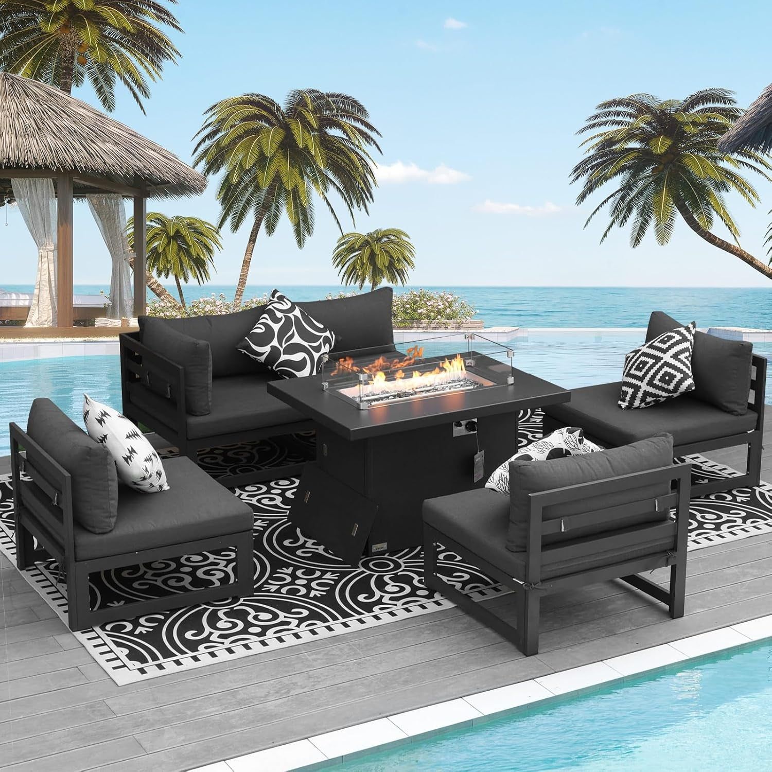 ® Modern Large Grey Aluminum Outdoor Patio Furniture Set with Propane/Natural Gas Fire Pit Table, 29&#39;&#39; Deep Wide Seating Conversation Sofa L Shaped Sectional Couch Set (6 Pieces, 5 Seats)