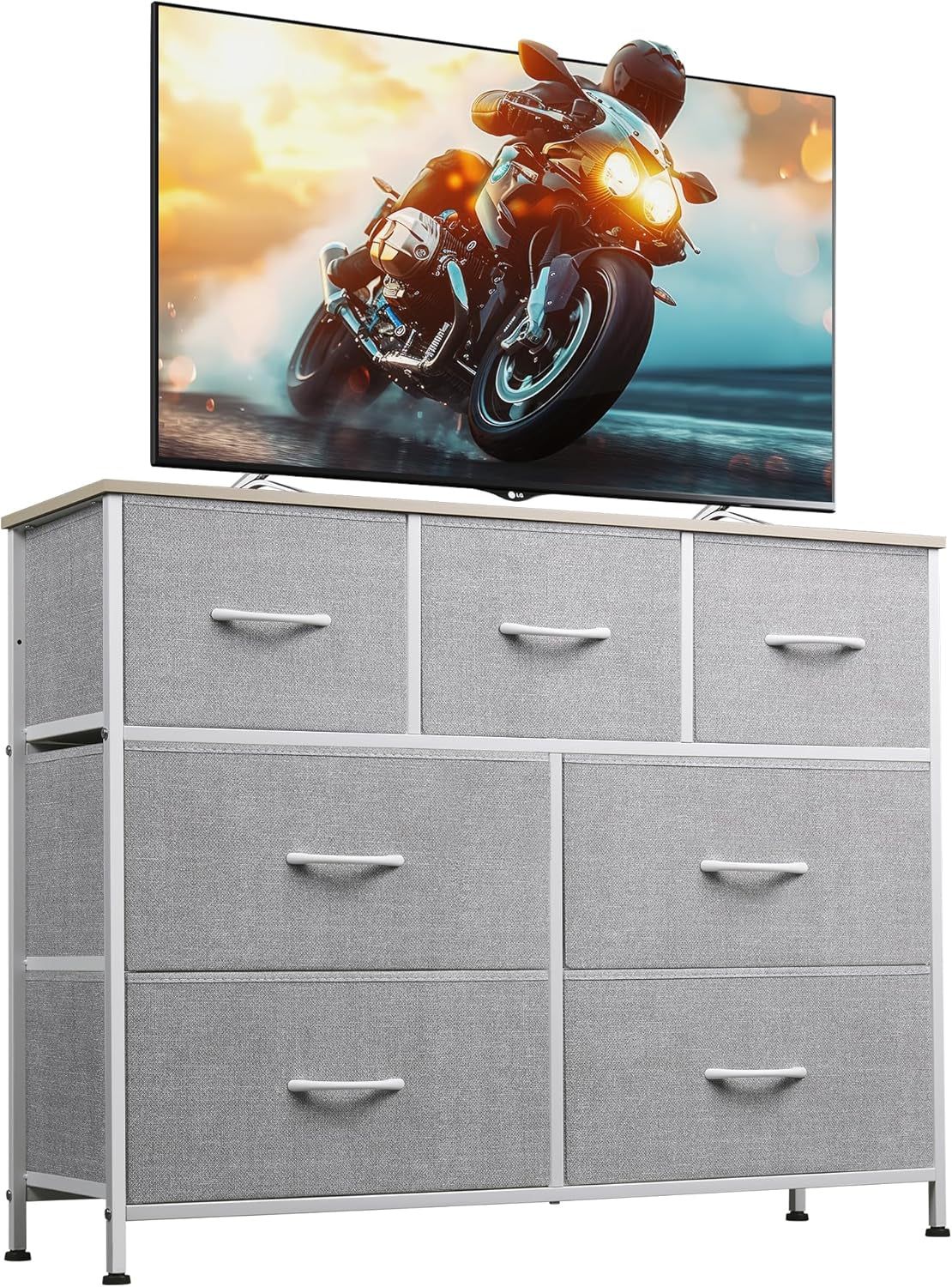Dresser TV Stand, Entertainment Center with Fabric Drawers, Media Console Table with Metal Frame and Wood Top for TV up to 45 Inch, Chest of Drawers for Bedroom, Living Room, Light Grey