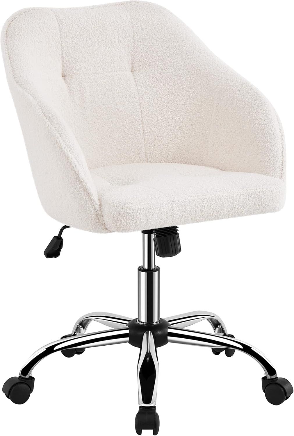 Modern Boucle Desk Chair, Makeup Vanity Chair with Adjustable Tilt Angle, Swivel Office Chair Upholstered Armchair Study Chair for Living Room and Makeup Room Ivory