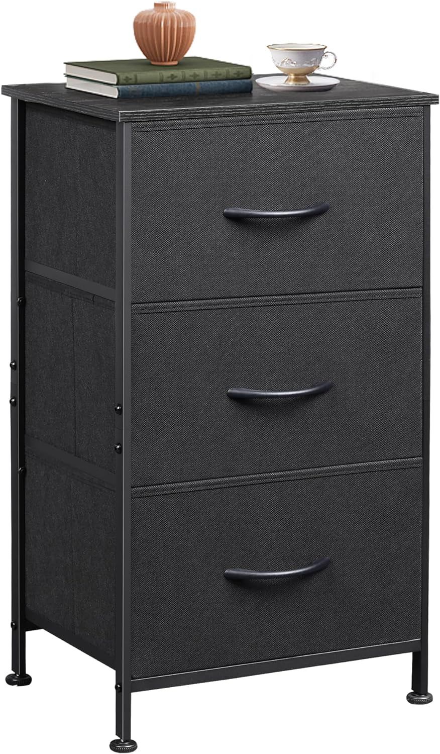 Dresser with 3 Drawers, Fabric Nightstand, Organizer Unit, Storage Dresser for Bedroom, Hallway, Entryway, Closets, Sturdy Steel Frame, Wood Top, Easy Pull Handle, Charcoal Black