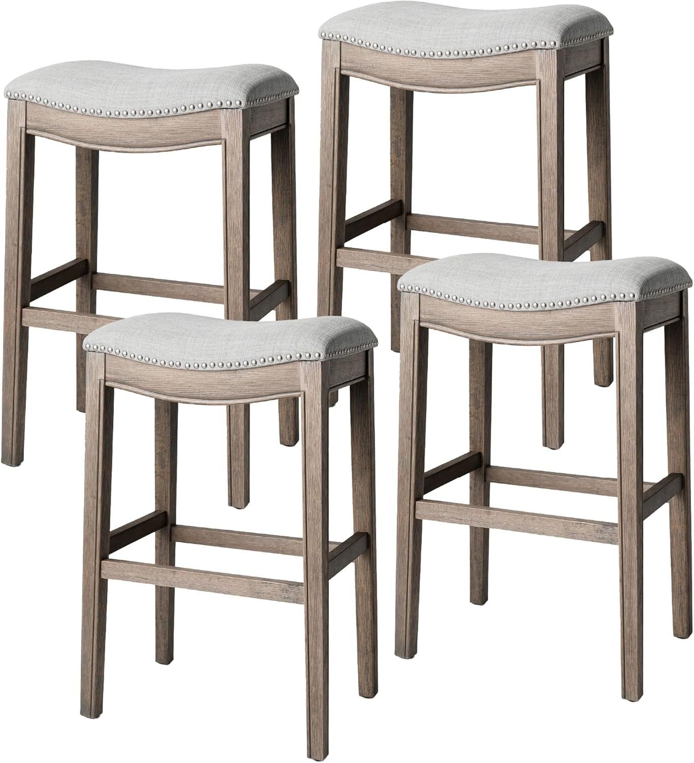 Adrien 31 Inch Bar Height Upholstered Backless Saddle Barstool in Reclaimed Oak Finish with Ash Grey Fabric Cushion Seat, Set of 4