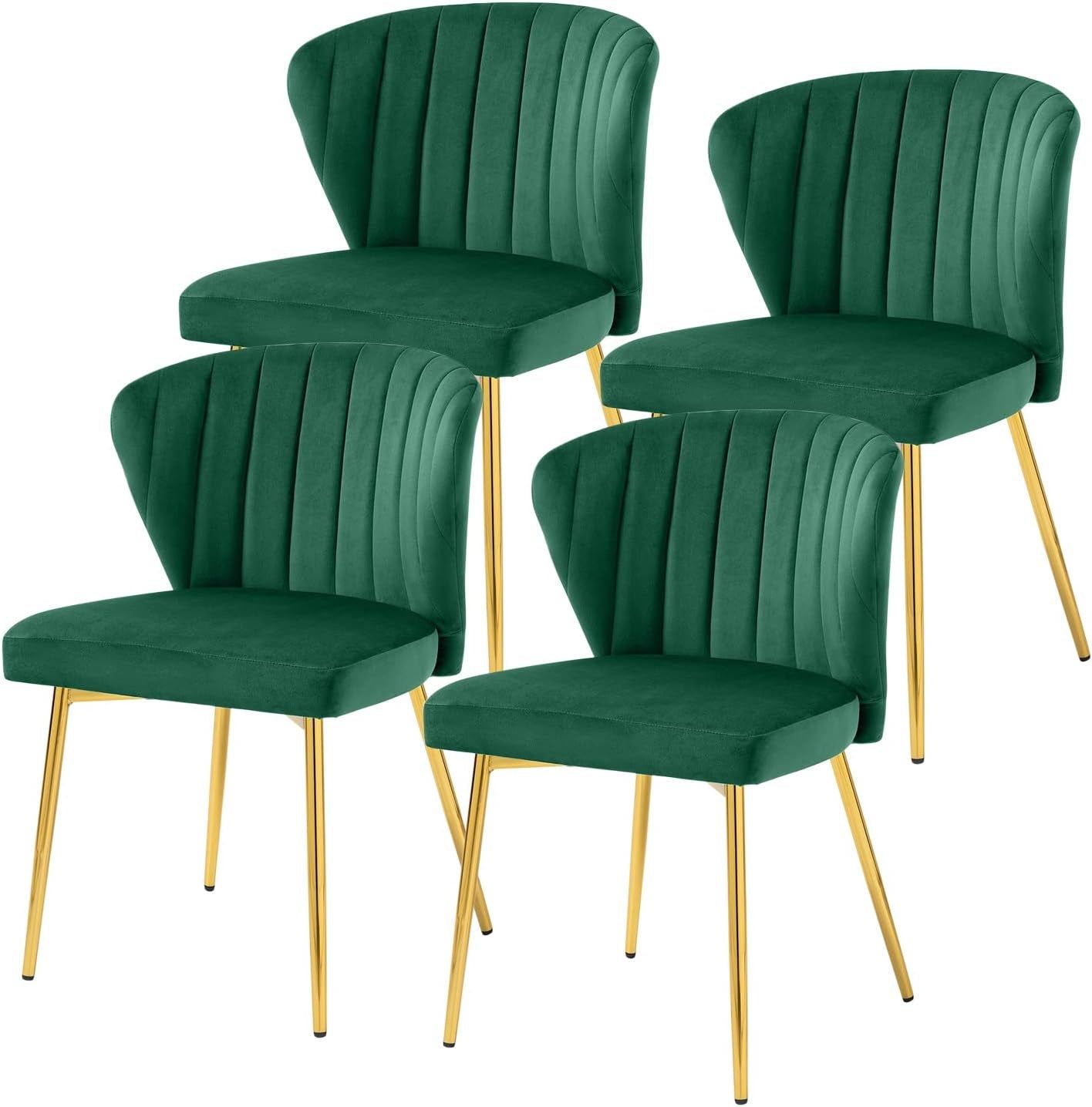 Tufted Dining Chairs Set of 4, Velvet Dining Chairs with Golden Metal Legs, Modern Upholstered Dining Chairs for Dining Room/Kitchen/Vanity, Green