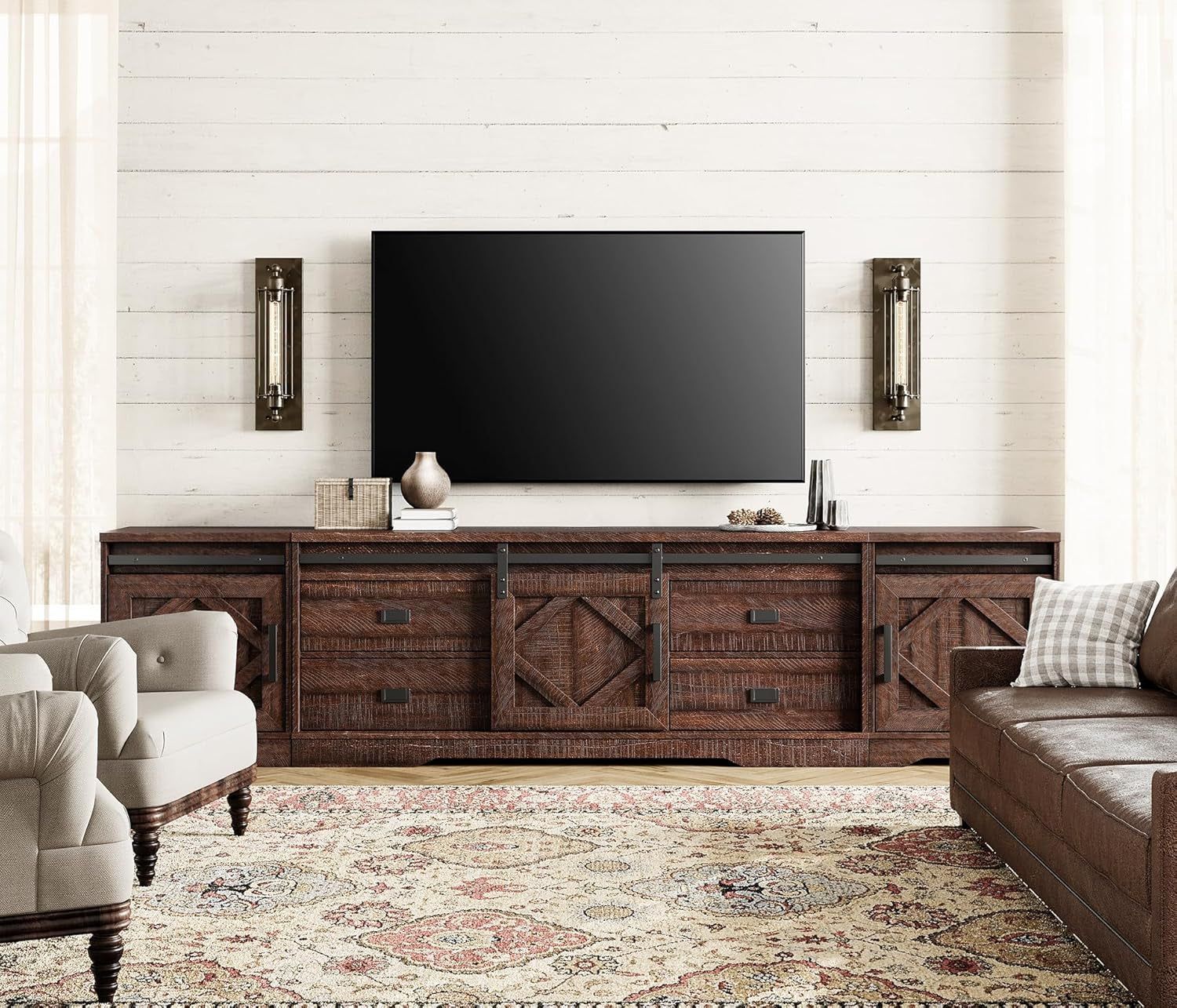 98.4&quot; Wide TV Stand for Tvs up to 110&quot;,Faux Bark Finish Wood Entertainment Center with 4 Drawers and Adjustable Shelvs for Living Room,Rustic Brown