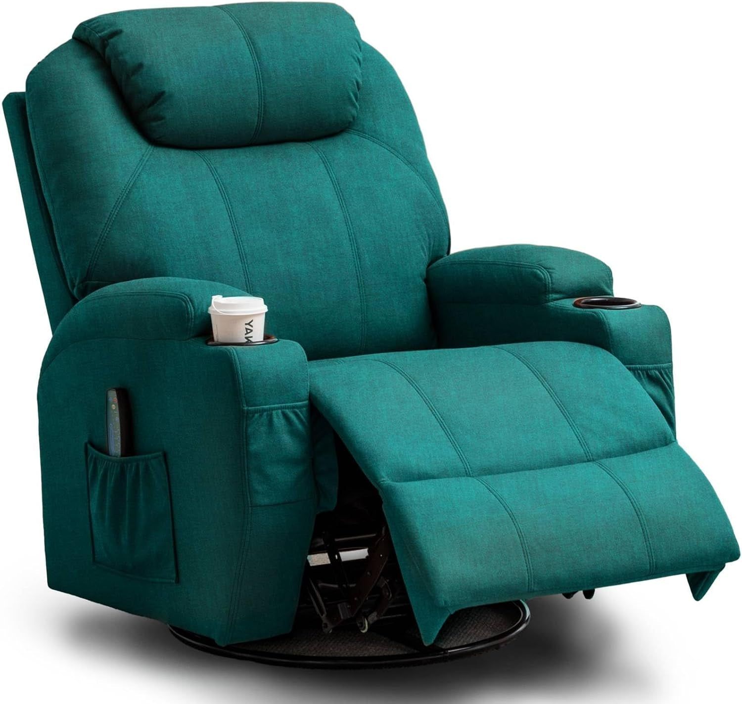 Recliner Chair, Rocking Recliner Chair for Adults with Massage and Heat, Swivel Rocker Recliner Chair with Remote and Cup Holder, Cashmere Manual Recliner for Nursery, Living Room, Green