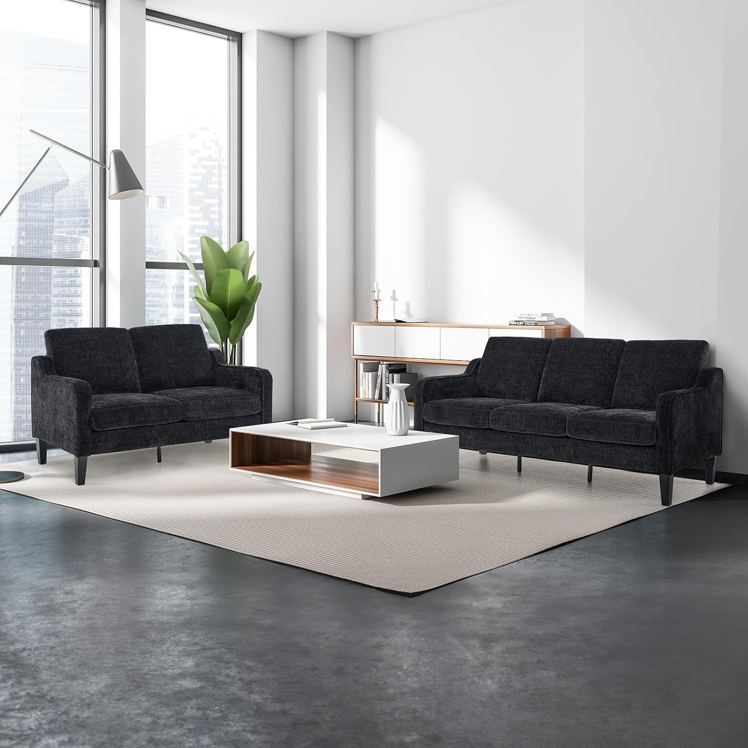 Loveseat Sofa Set for Living Room, Mid-Century Modern Couch and Love Seat Set,53&quot; Loveseat+71&quot; Small Couch for Bedroom Sofa Furniture for Small Spaces Apartment (Black)