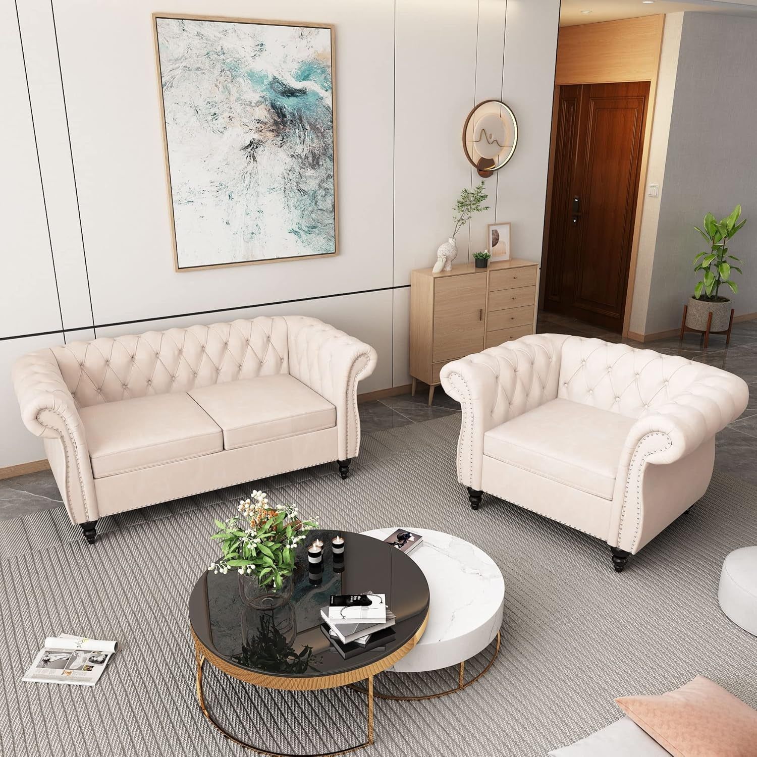 2 Piece Living Room Set, Chesterfield Velvet Sofa Loveseat Couch Chair with Scroll Arms and Nailhead for Living Room, Office (Beige, 1-2)