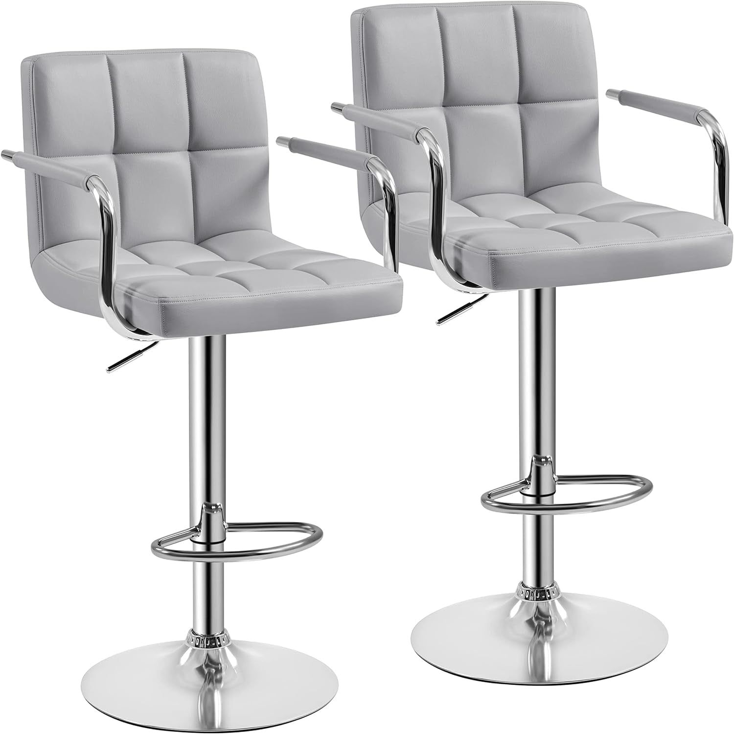 Modern Bar Stools Set of 2 Swivel Kitchen Stool Height Adjustable Square Counter Stool with Back&amp;Armrest PU Leather Stool, Light Grey