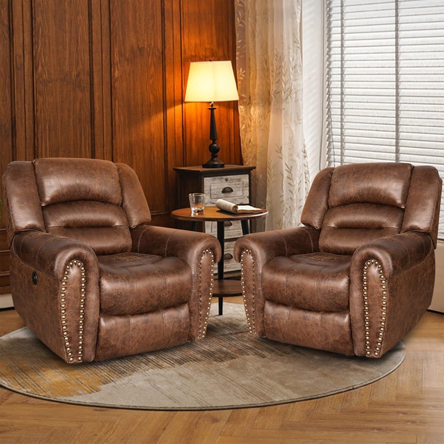 Electric Power Recliner Set of 2, Breathable Bonded Leather Reclining Chair Classic Home Theater Recliners Seating W/USB Port, Electric Recliner Chairs for Living Room (Nut Brown)