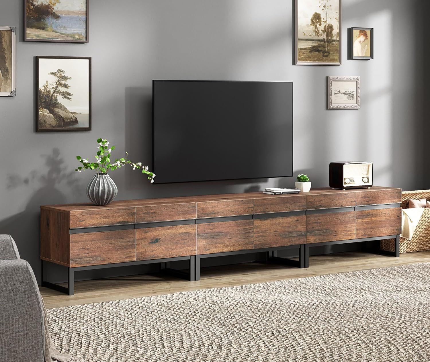 3 in 1 Modern TV Stand for Tvs up to 110 Inch, Wood Entertainment Center TV Console with Storage Cabinets and Metal Base, Media Console for Living Room,Brown