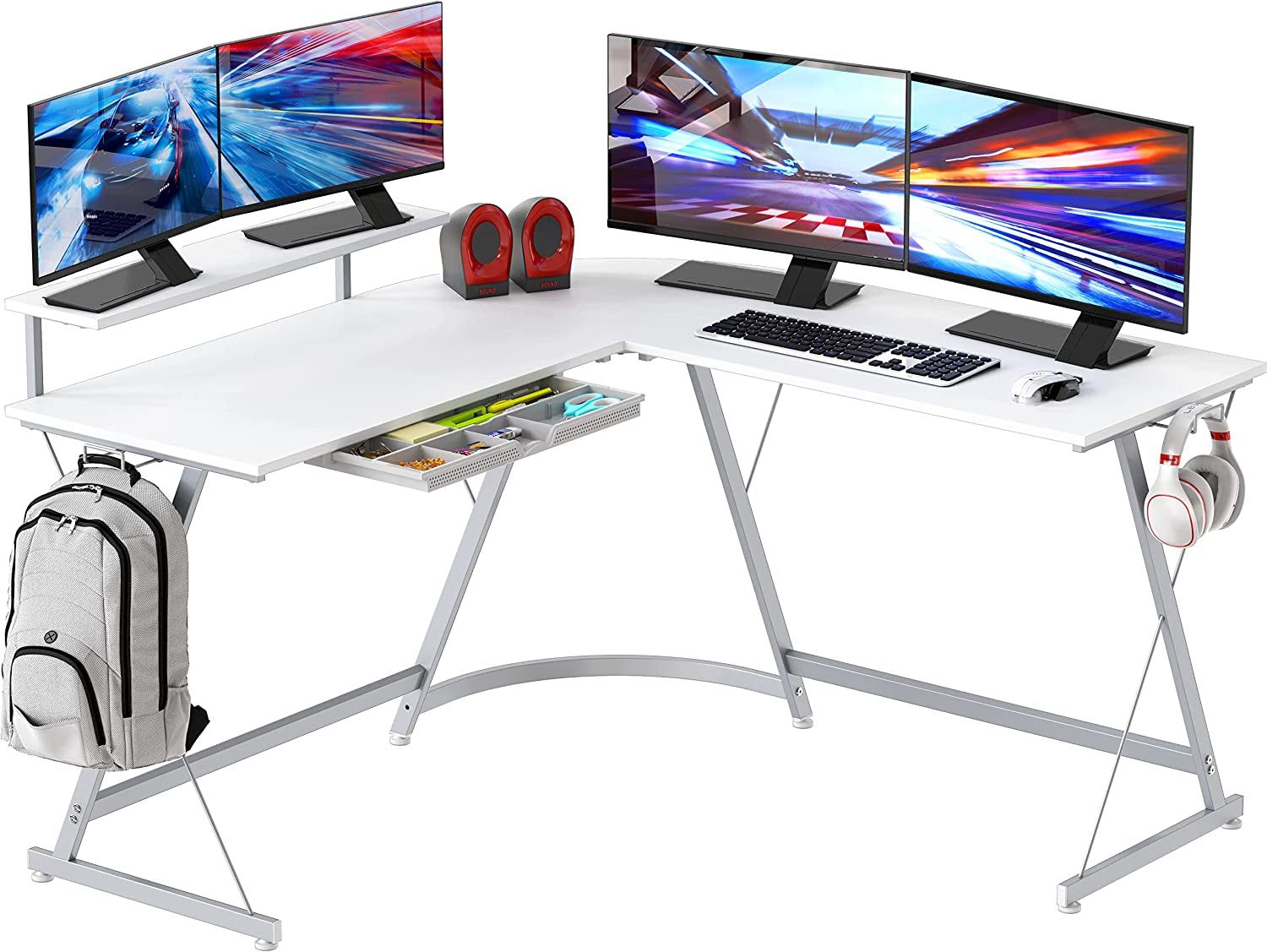 Vista L-Shape Desk with Monitor Stand, White
