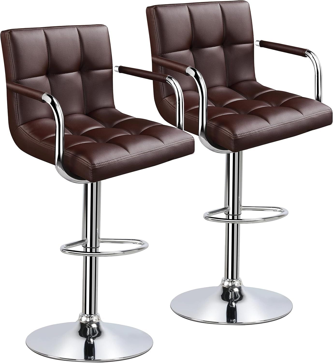 Tall Bar Stools Set of 2 Modern Square PU Leather Adjustable Barstools Counter Height Stools with Arms and Back Bar Chairs 360° Swivel Stool, Brown