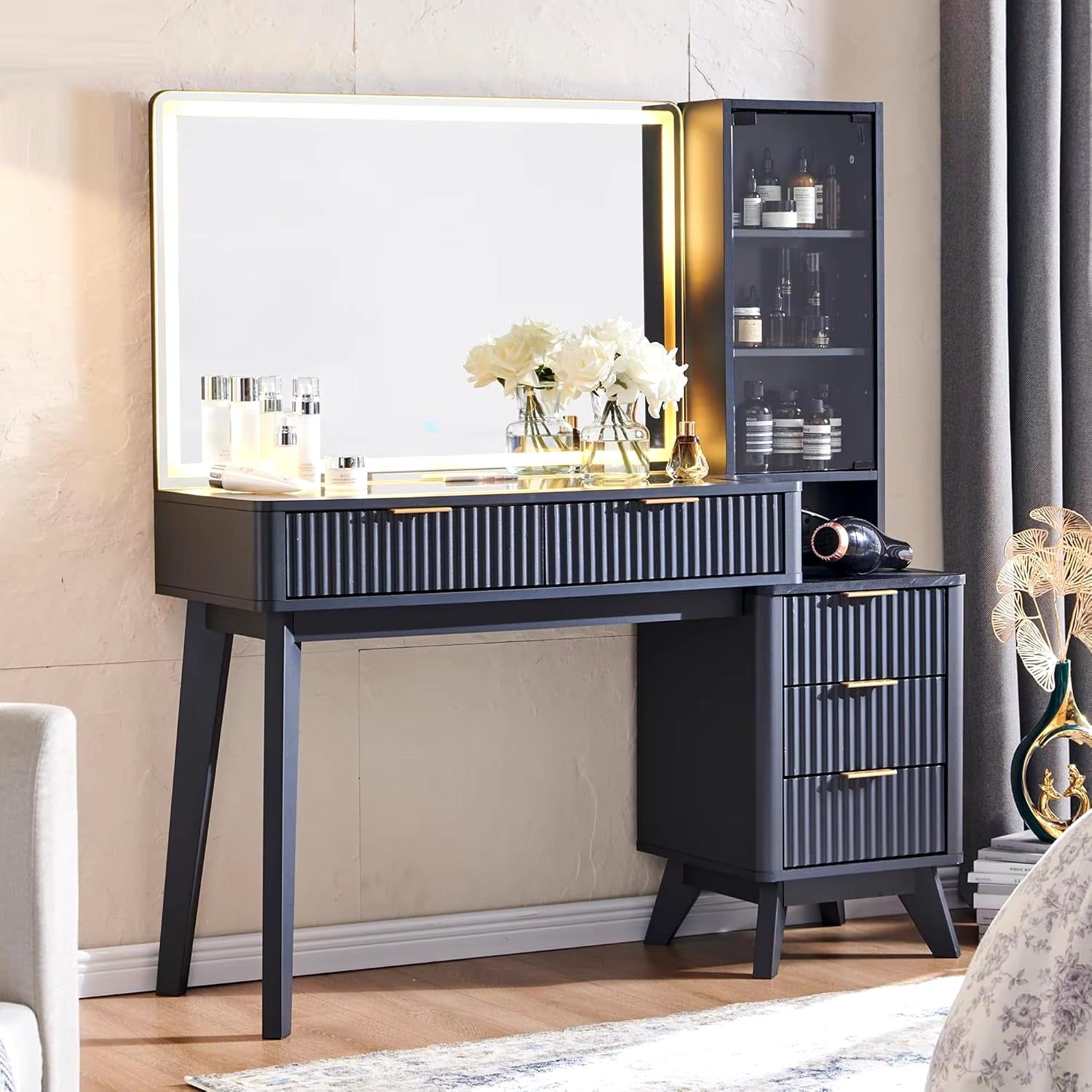 48&quot; Modern Fluted Makeup Vanity Desk with Large 36&quot; Mirror &amp; Lights, with 5 Drawers &amp; Adjustable Shelves, Oak 2025 NEW