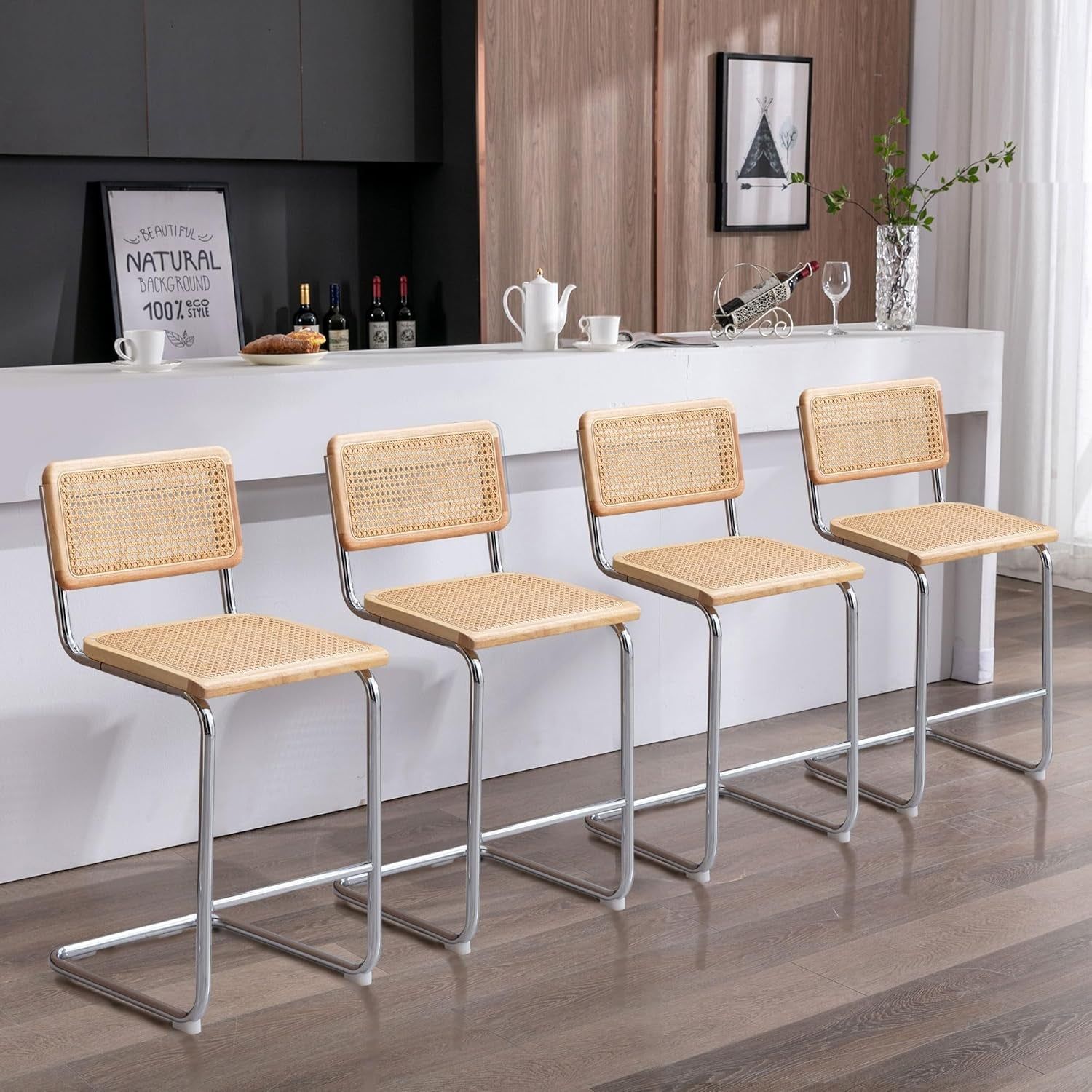 Rattan Bar Stools Set of 4, 24 Inch Modern Counter Stools with Cane Back, Low Back Barstools with Cane Seat, Counter Height Chairs with Metal Legs for Kitchen Island, Yellow