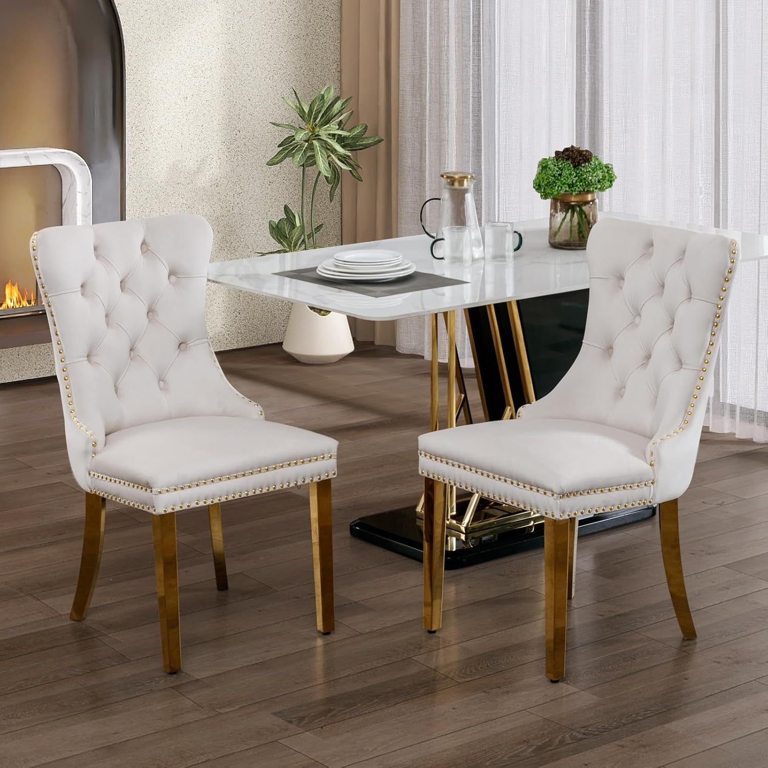 Elegant Velvet Dining Chairs with Gold Legs – Set of 2