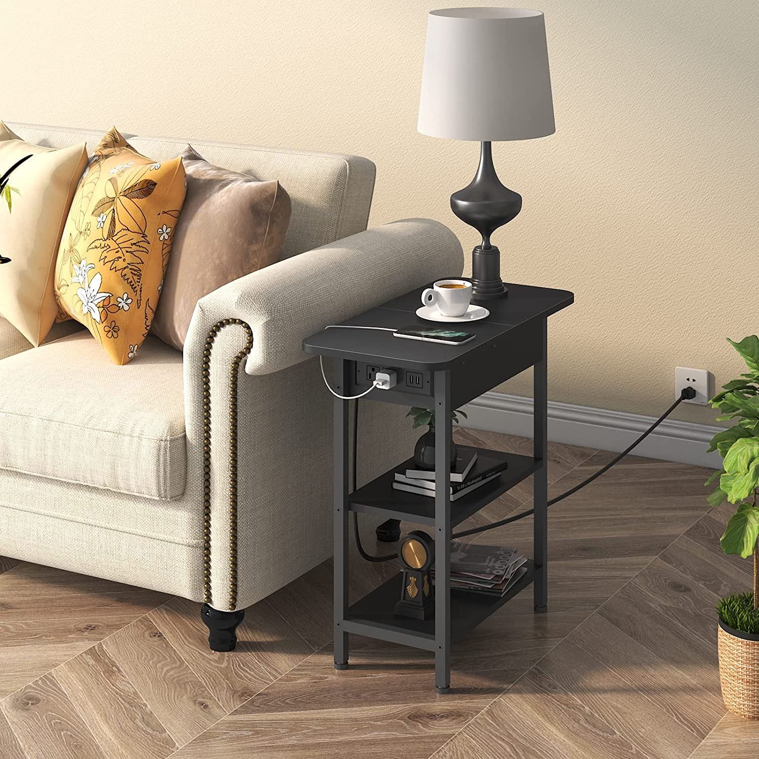 End Table with Charging Station, Flip Top Side Table for Small Spaces, Black