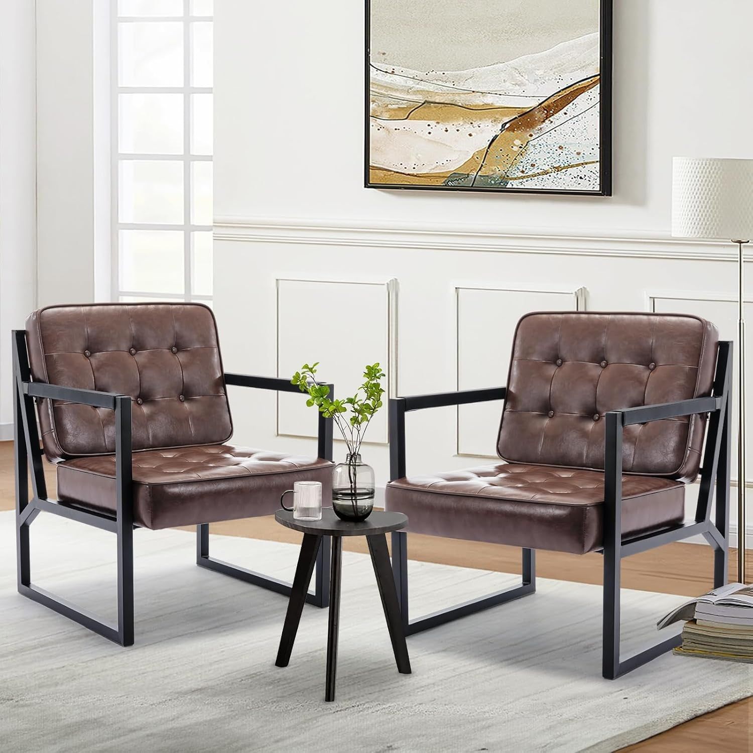 Mid Century Modern Accent Chair Set of 2, Comfy Living Room Chair, Brown Leather Accent Chair, Faux Leather Reception Armchair with Metal Legs for Living Room Bedroom Reception Office, Brown