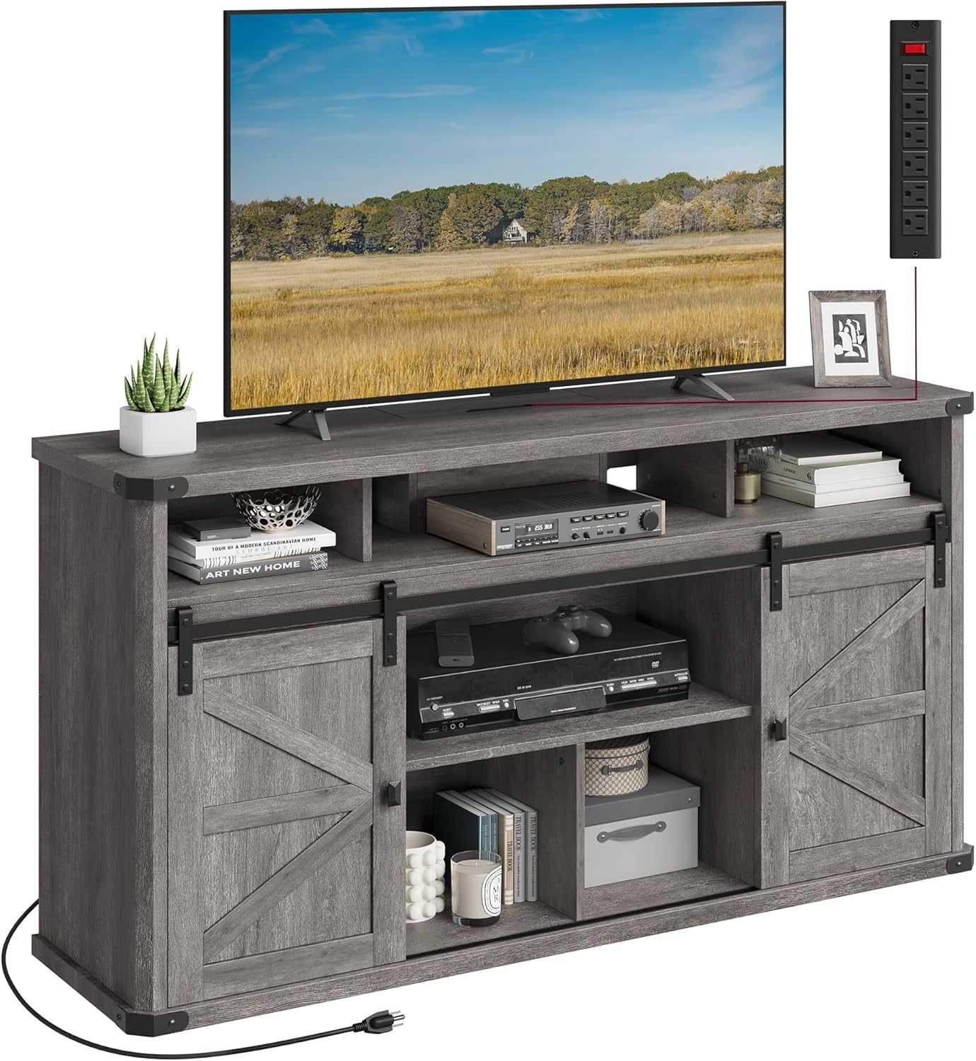 TV Stand for Tvs up to 65 Inches, Farmhouse Entertainment Center with Sliding Barn Doors, TV Console Table for Living Room, Misty Gray ULTV322G68