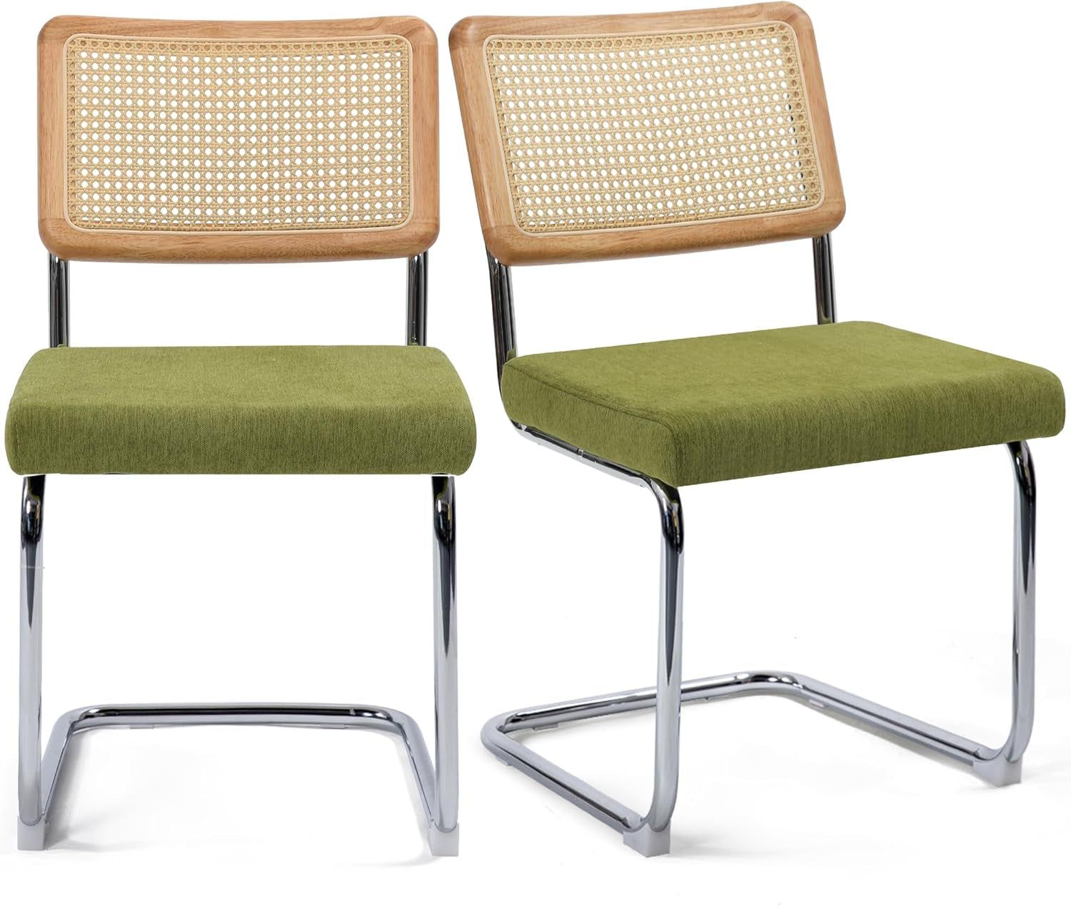 Modern Cesca Cane Dining Chairs, Set of 2, Handwoven Rattan Cane Back, Chrome Base, Upholstered Cotton Seat, Ideal for Kitchen or Dining Room, Green