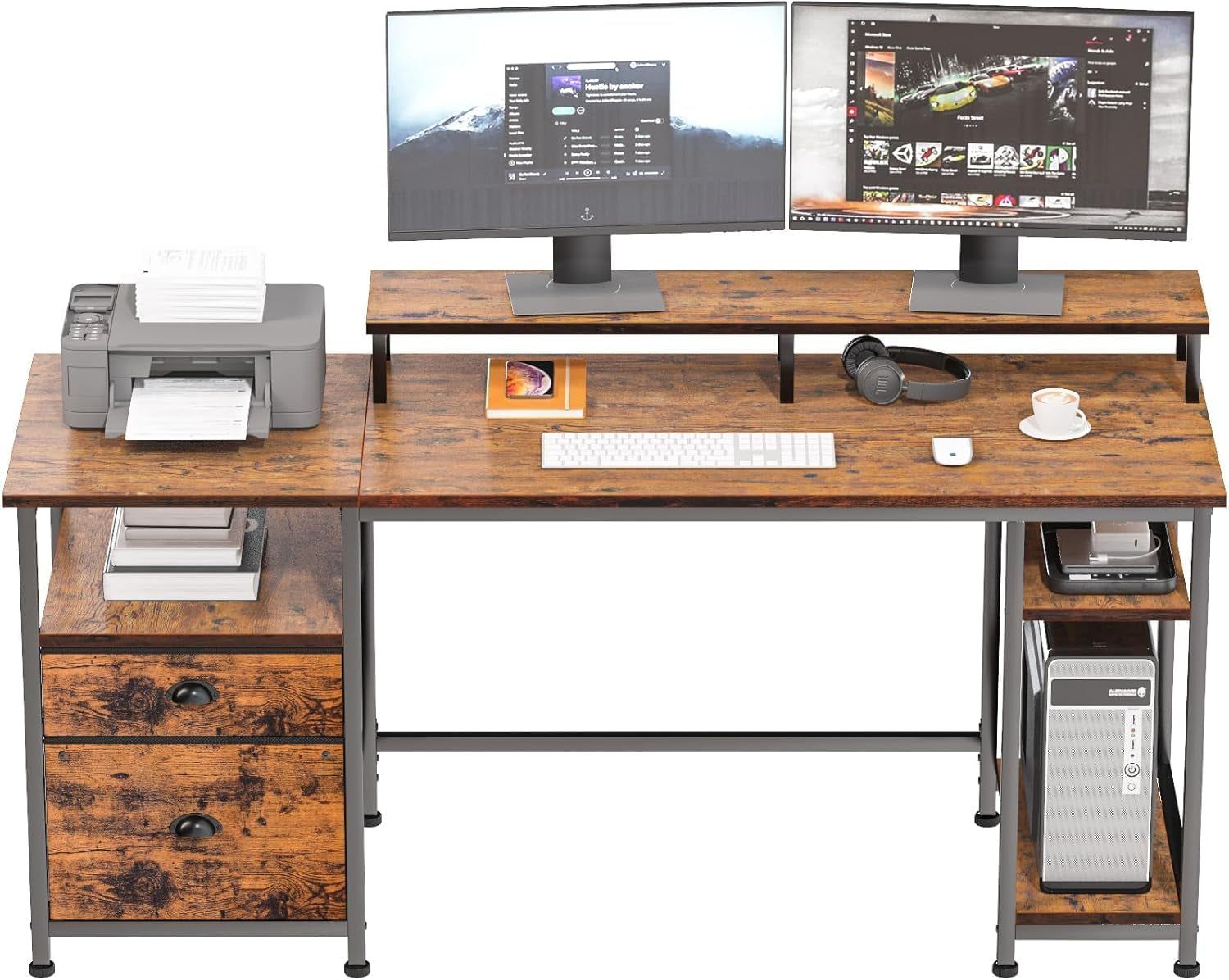 61&quot; Desk with Fabric File Drawer, Reversible Computer Desk with Shelves and Drawer, Industrial Writing Desk with Monitor Stand, Long Study Table Workstation for Home Office, Rustic Brown