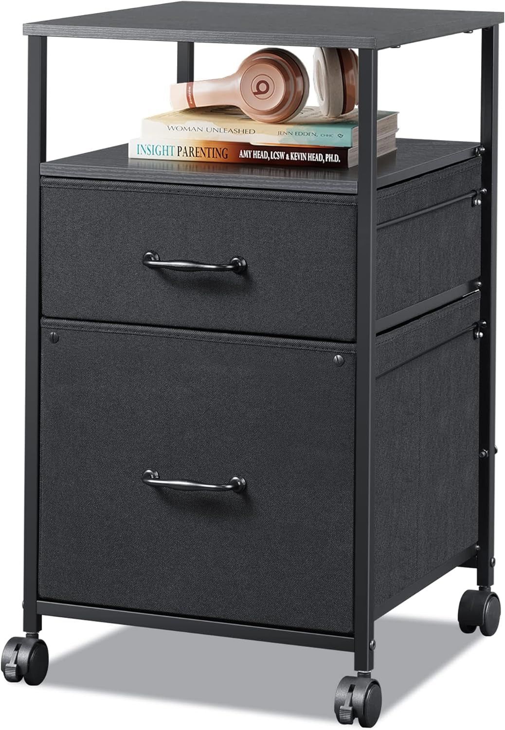 Mobile File Cabinet, Rolling Printer Stand with Open Storage Shelf, Fabric Vertical Filing Cabinet Fits A4 or Letter Size for Home Office, Black