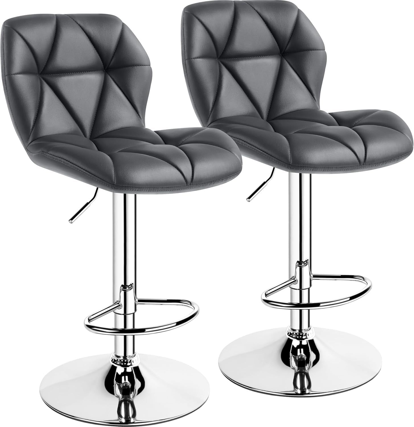Grey Bar Stools Set of 2, PU Leather Bar Chairs with Backrest, Height Adjustable Swivel Island Stools for Bar, Kitchen Counter, Grey